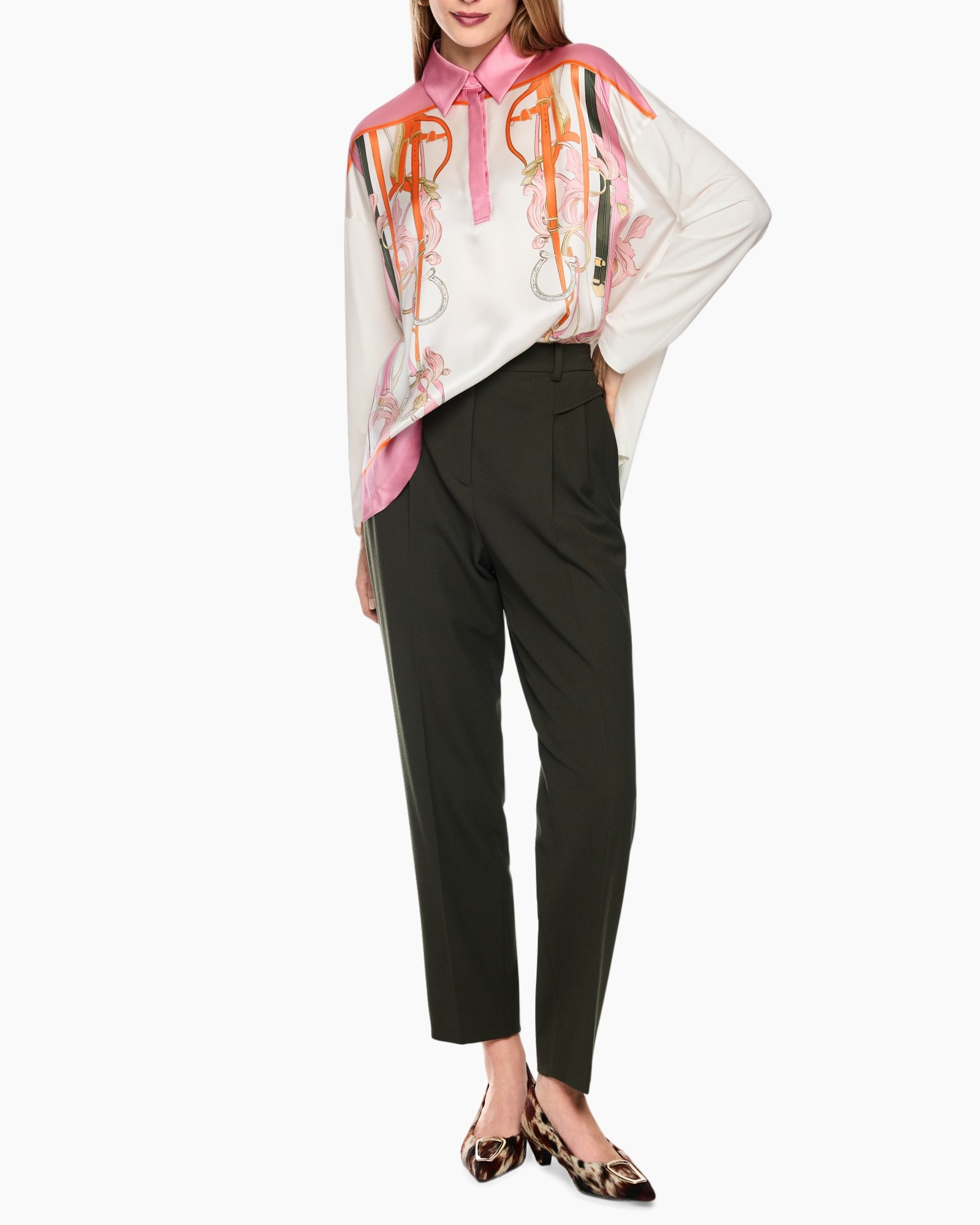 blouse, satijn, roze, patroon, lange mouwen