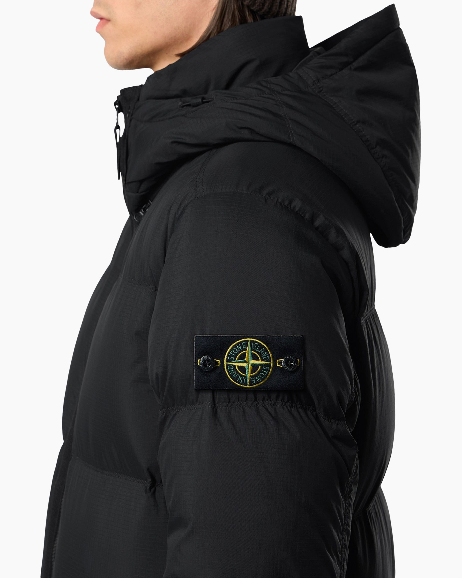 Donsjas puffer, capuchon, zwart, patch embleem, Stone Island