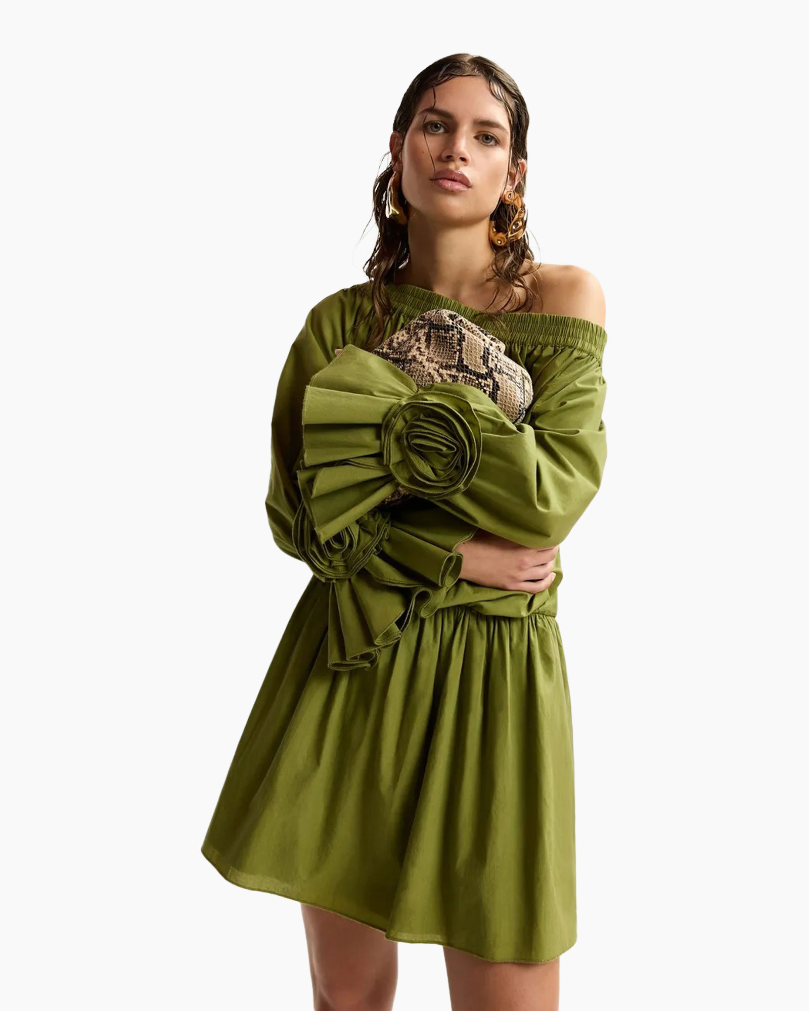 jurk, groen, korte jurk, gerimpelde mouwen, pofmouw