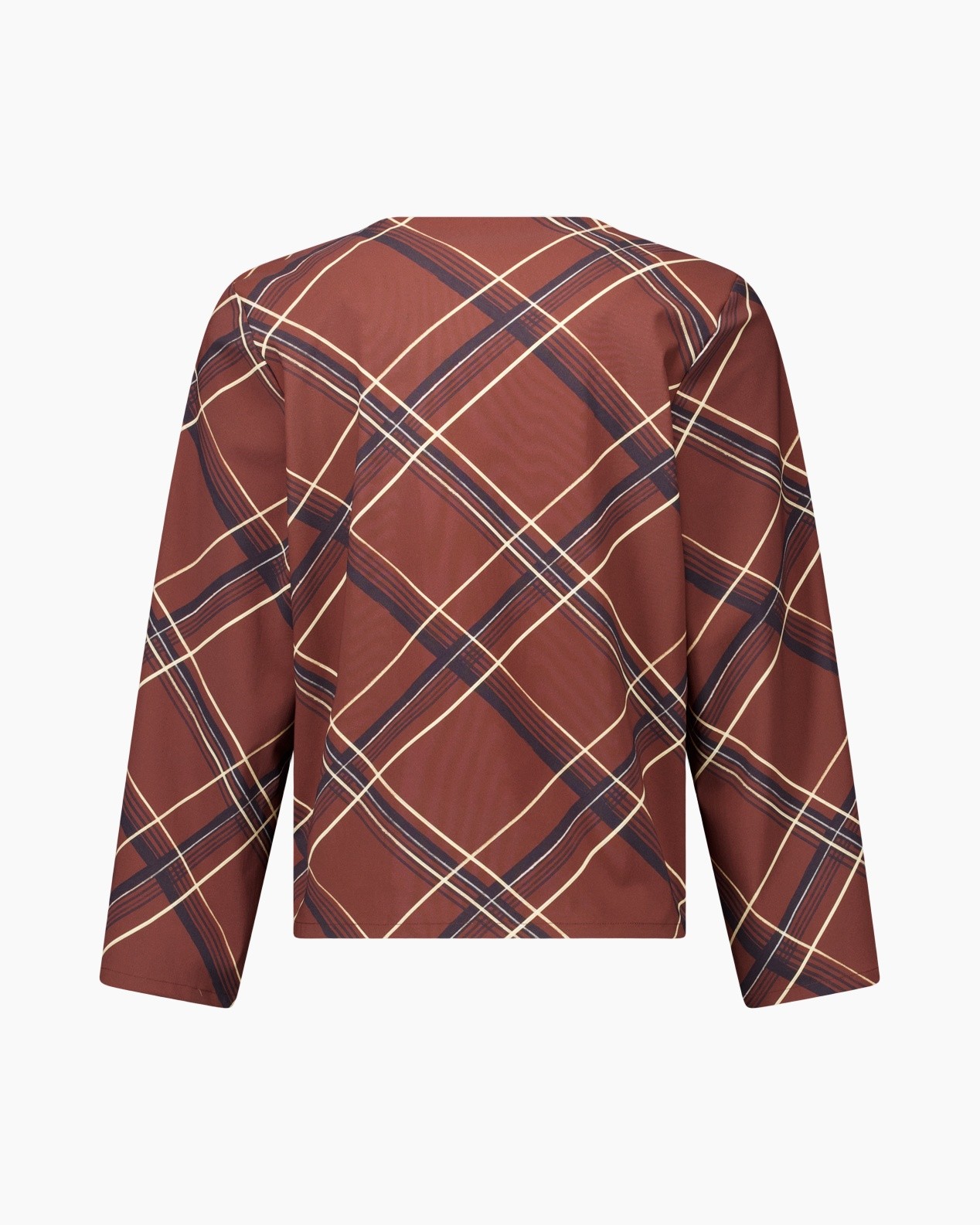 blouse, ruitjes, lange mouwen, v-hals, bruin