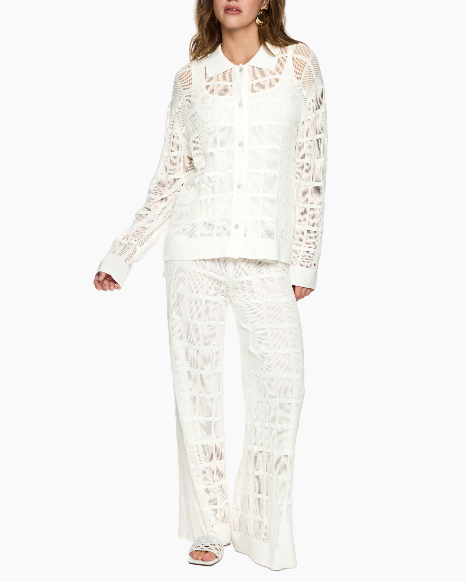 white, mesh, shirt, blouse, pants