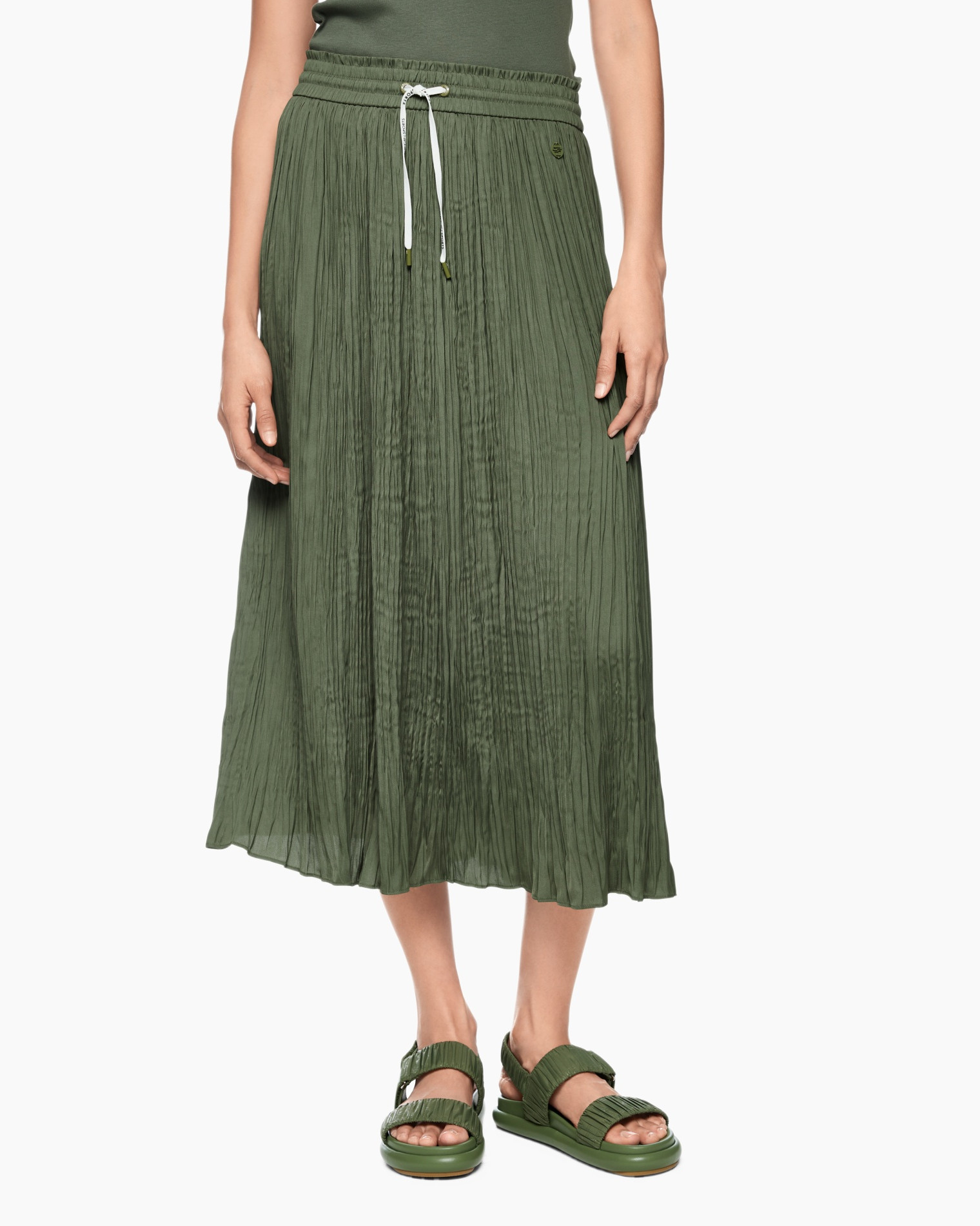 skirt, pleated, mid-length, olive, drawstring
