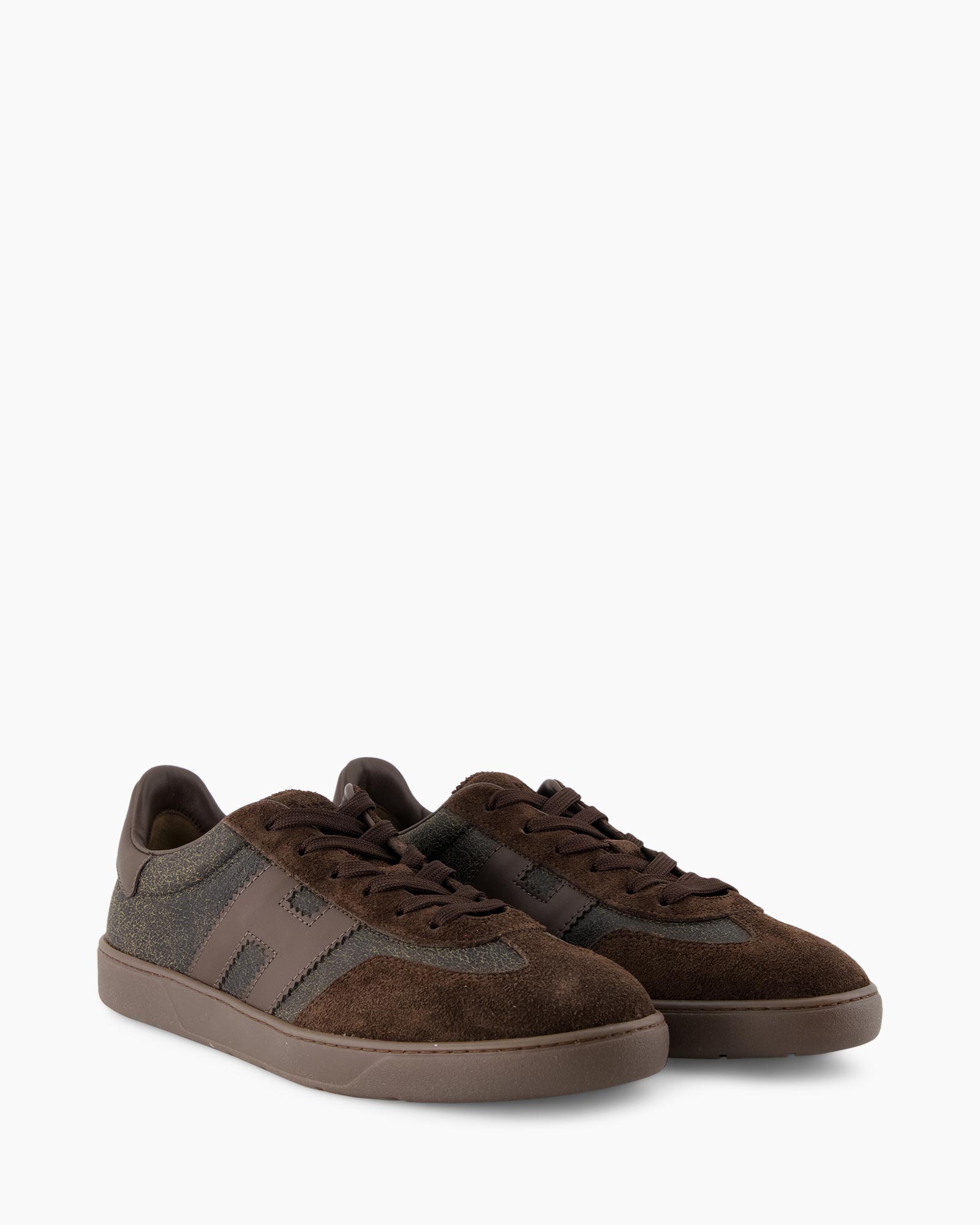 sneakers, bruin, suede, leer, laag-schoen