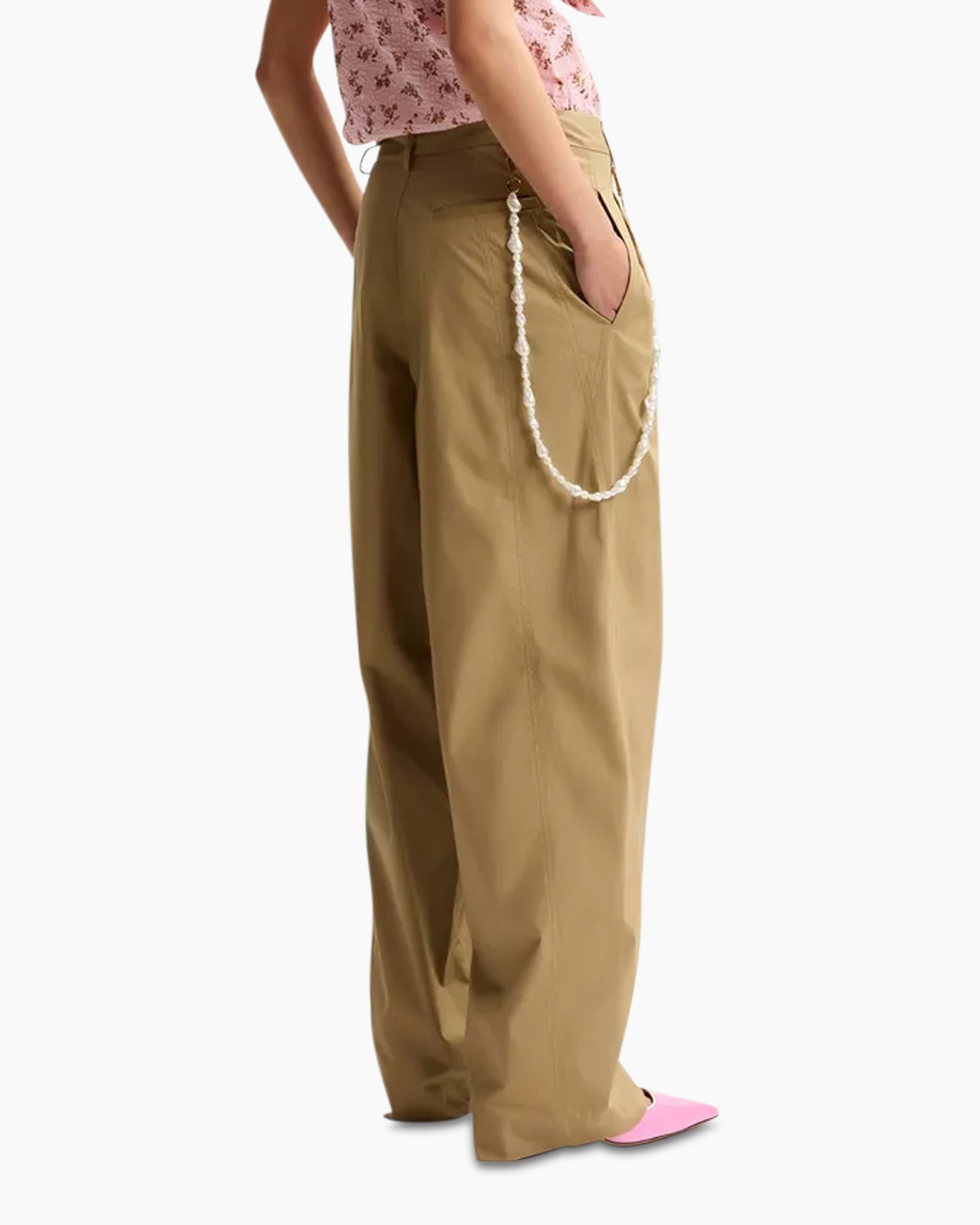 broek, khaki, wijd, zak, ketting