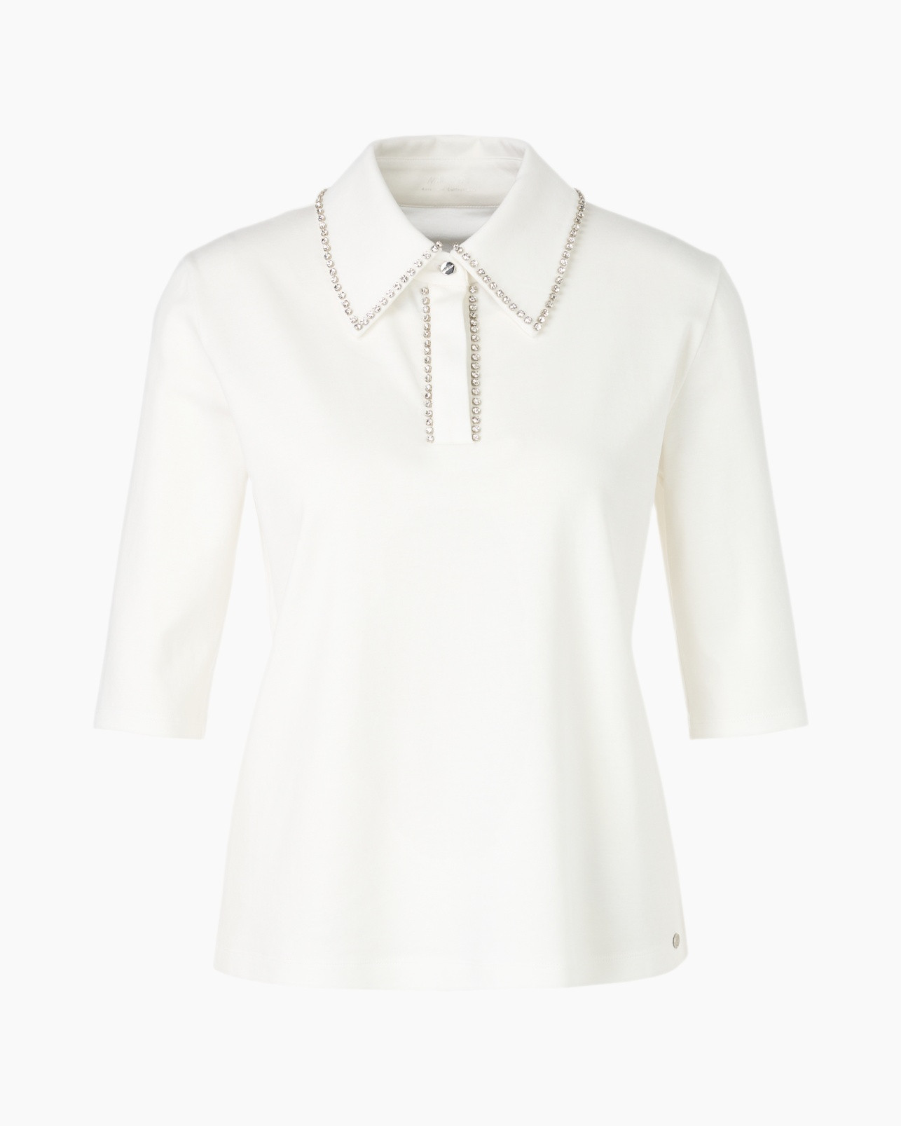 top, collar, three-quarter sleeves, white, embellished