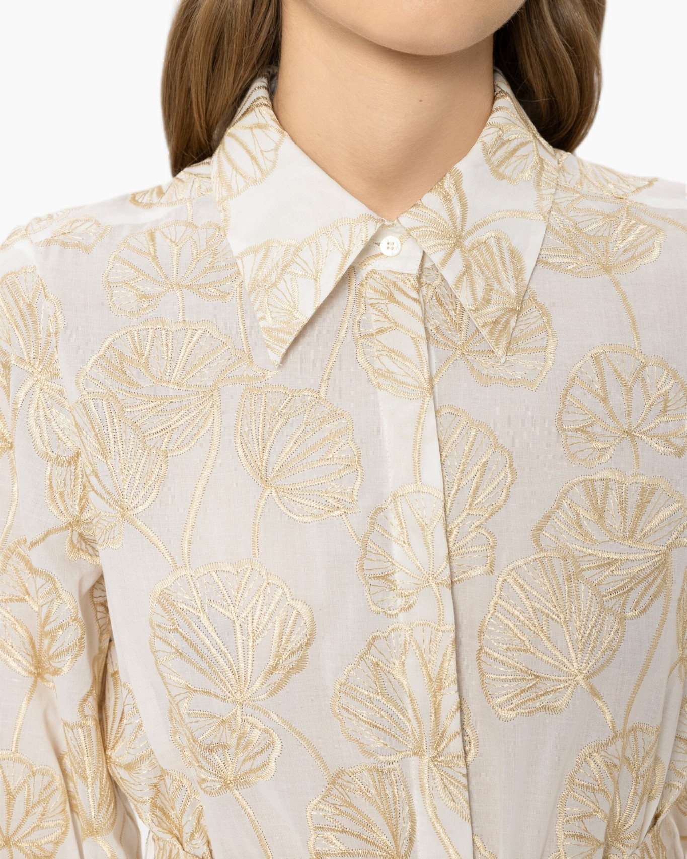 hemd, gekraagde blouse, borduurwerk, bladpatroon, geprinte stof