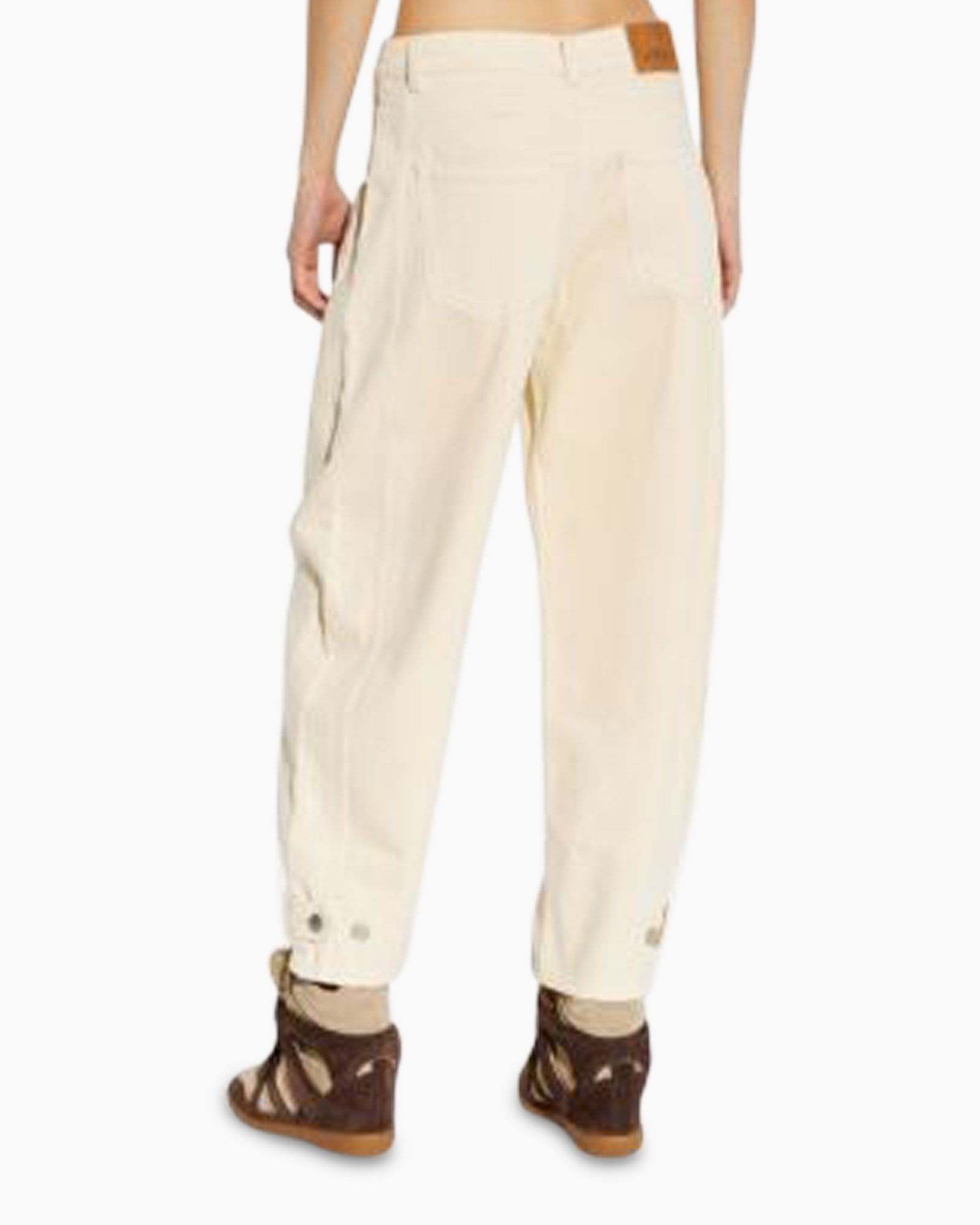 beige broek, wijd uit, denim-achtig, voorvakken, enkellaarzen