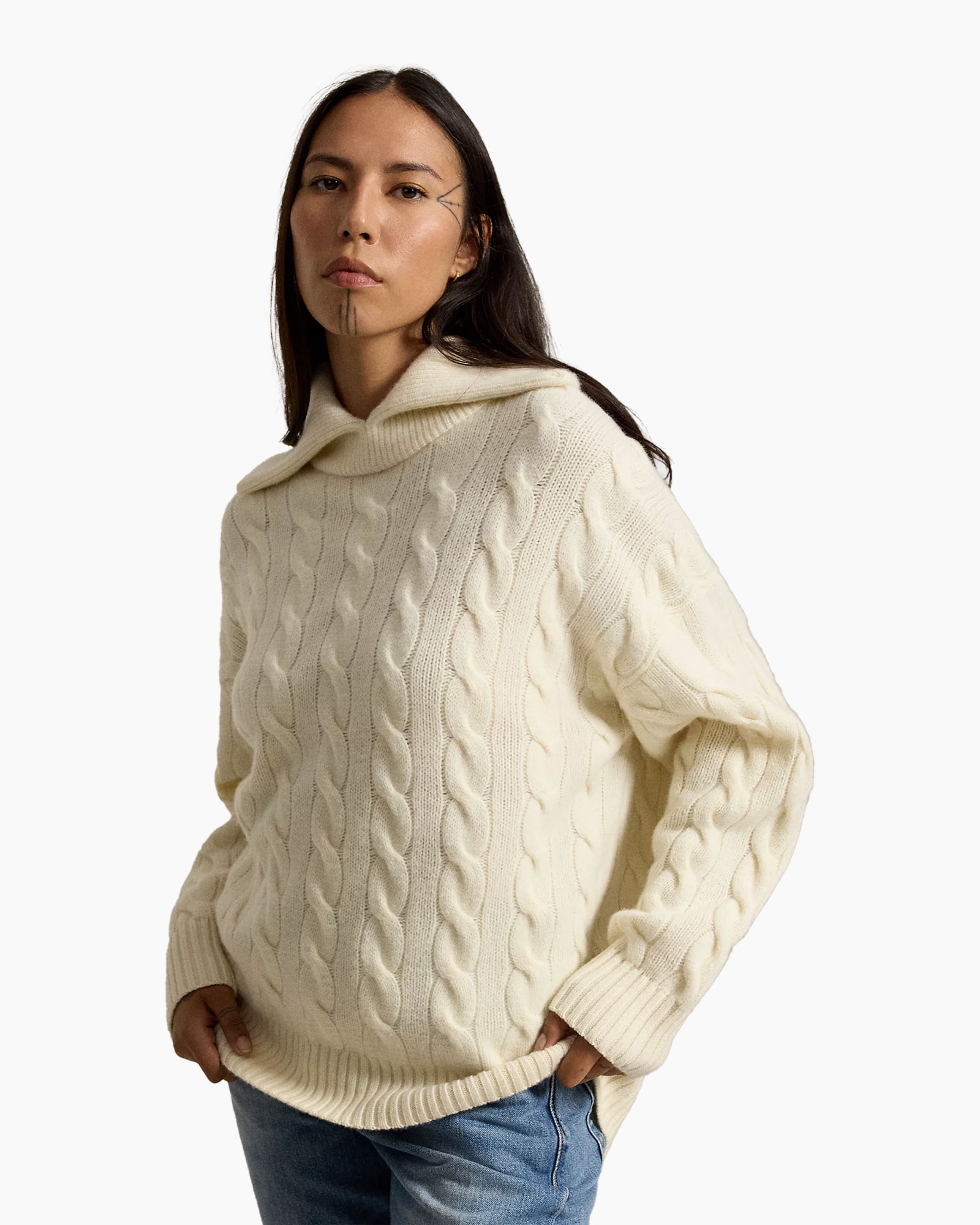 Kabelgebreide, Turtleneck, Crème trui, Dikke brei, Lange mouw pull