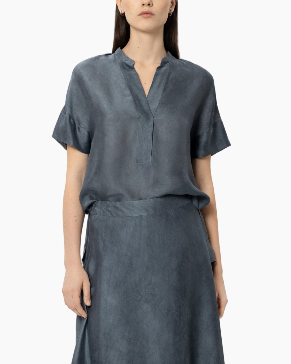 top, korte mouw, linnen, slub, blauw-grijs