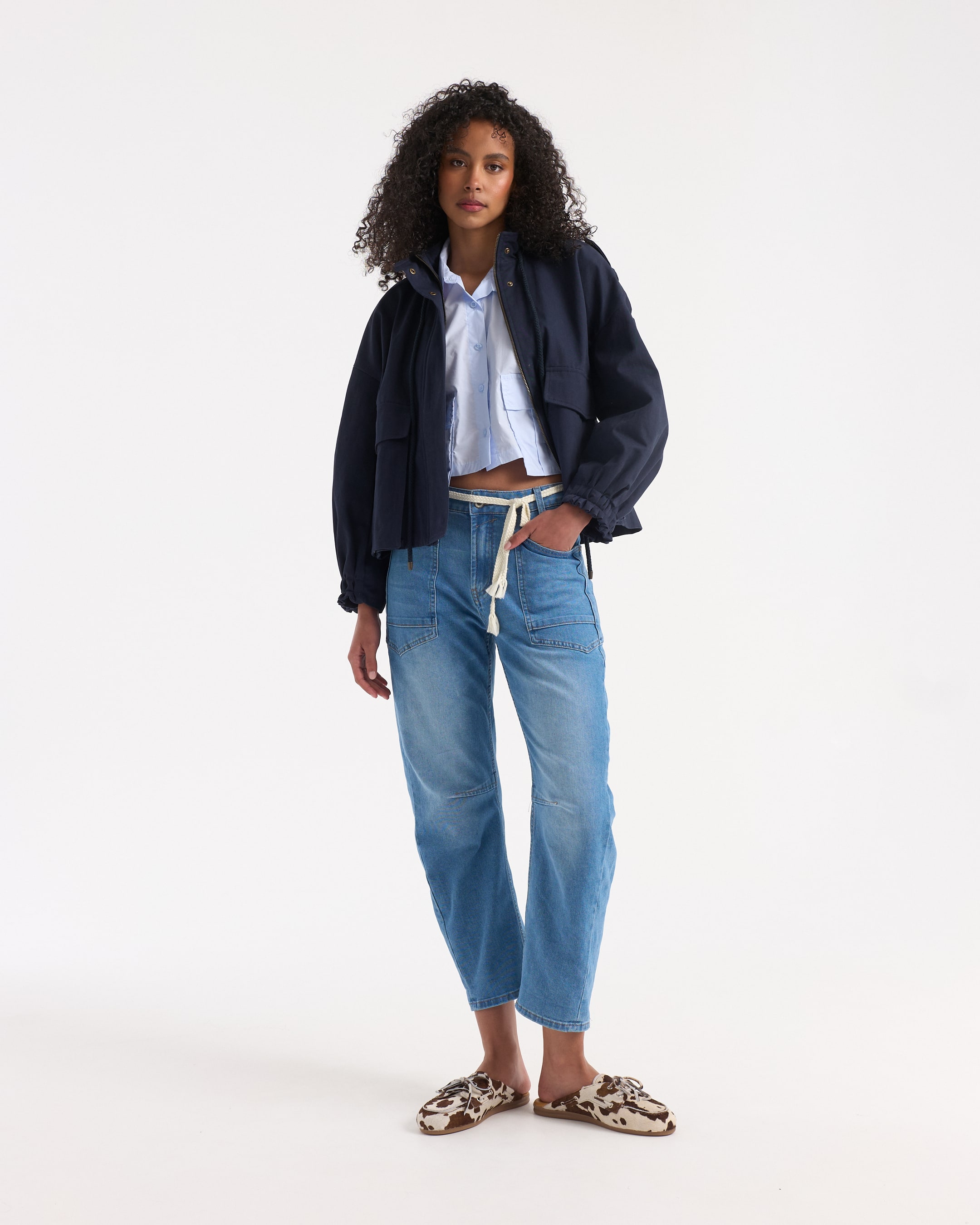 jacket, windbreaker, navy, cargo pockets, cropped shirt