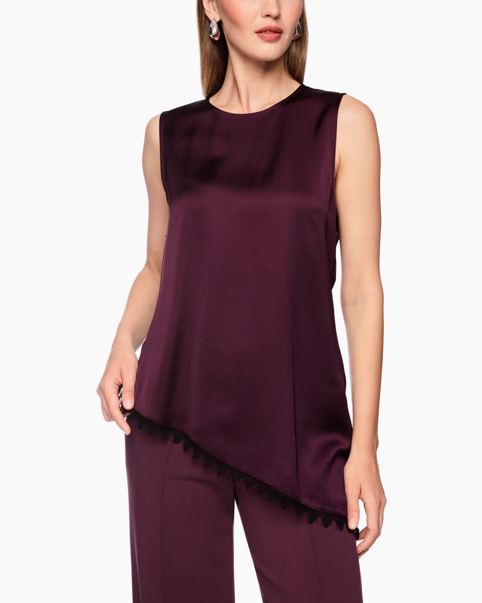slijtende zoom, zonder mouwen top, satijn, bordeaux, tunikTop
