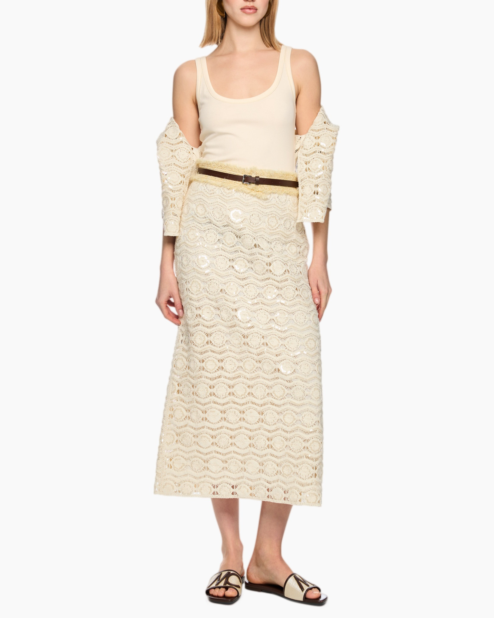 lace skirt, mid-length, beige, crochet, belted