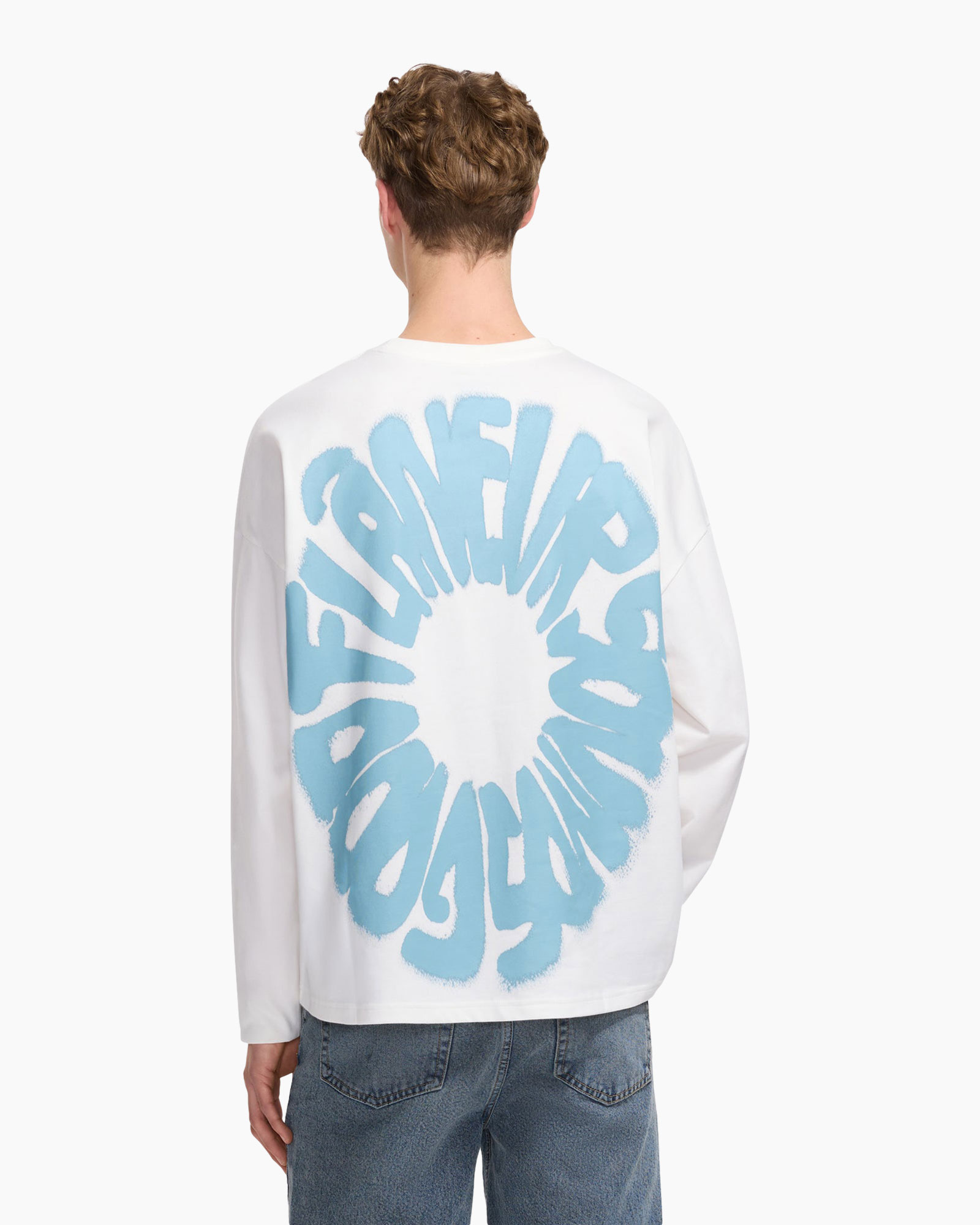 lange mouwen shirt, grafische print, tie-dye cirkel, wit, casual top