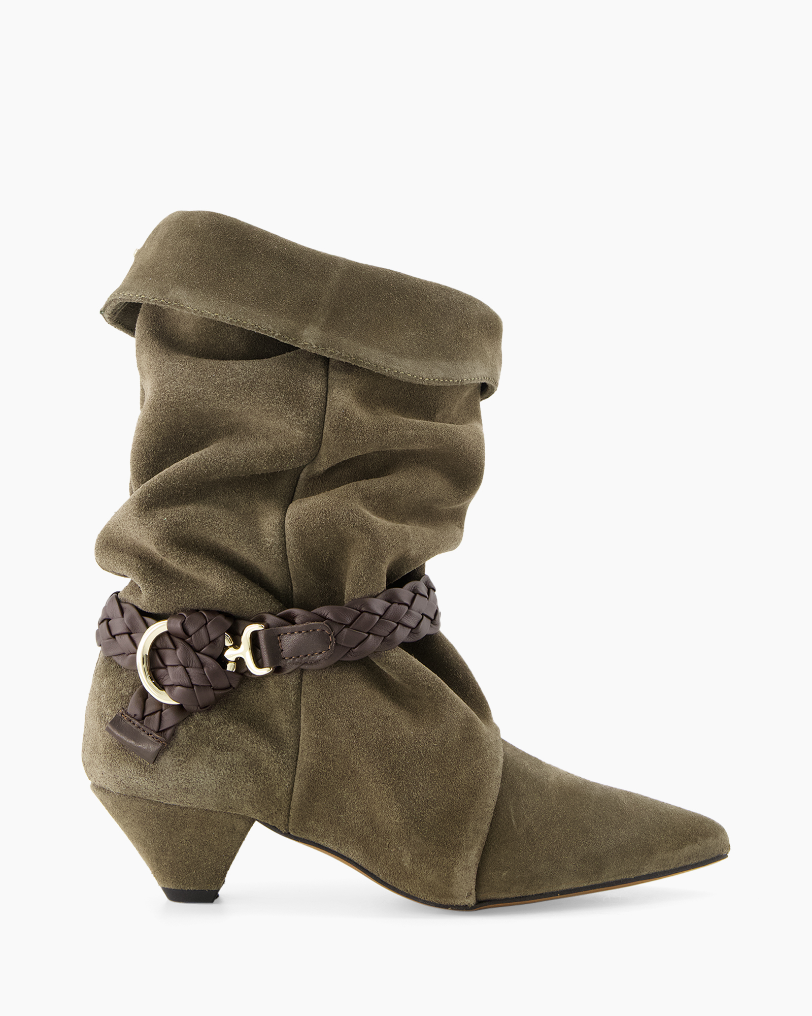 enkellaars, suede, bruin, gebraad riem, middelhoge hak
