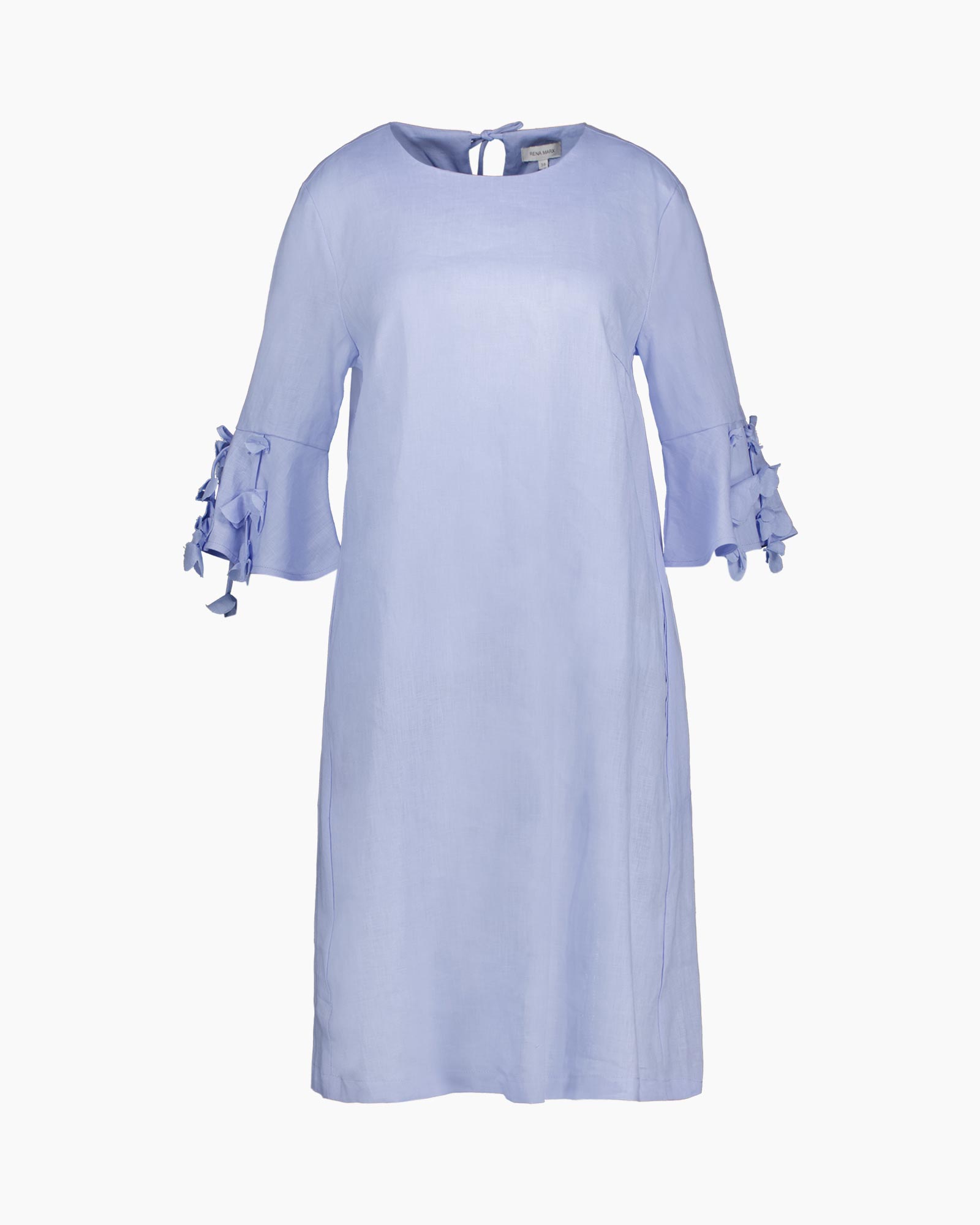 jurk, linnen, blauw, knie-lengte, lange mouwen
