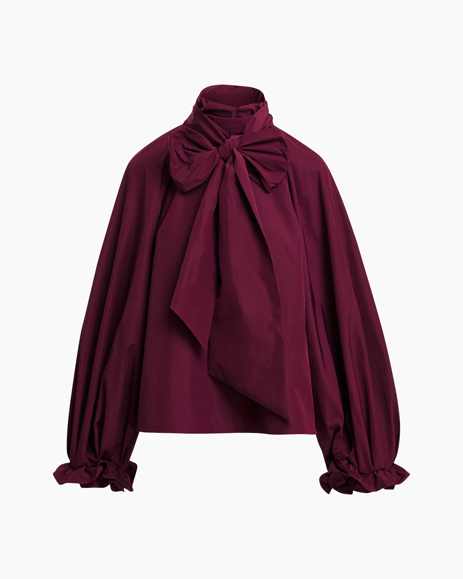 blouse, satijn, paars, strik, ruchesmouwen