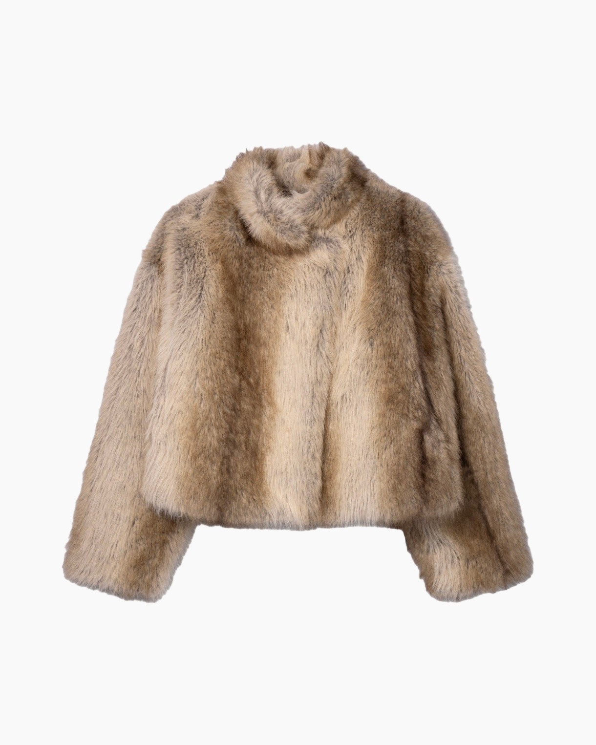 nep maat jas, vacht jas, kort geknipt, beige bruin, kraagloos