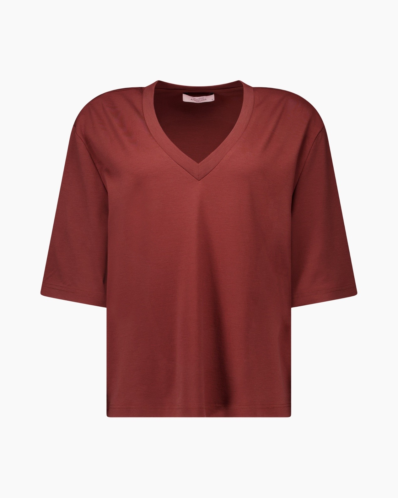 e-v-hals, korte mouwen, roodbruin, t-shirt, textuur?