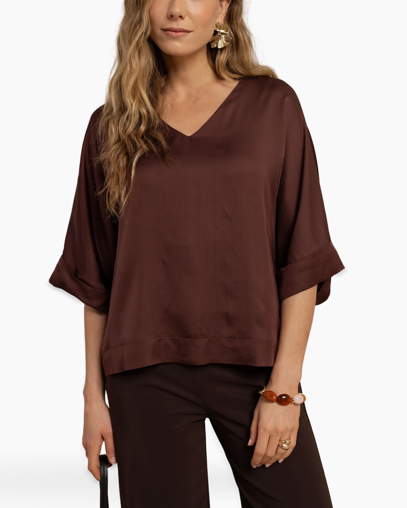 bruine top, V-hals, pofmouwen, zijden blouse, losvallend/ruim valt