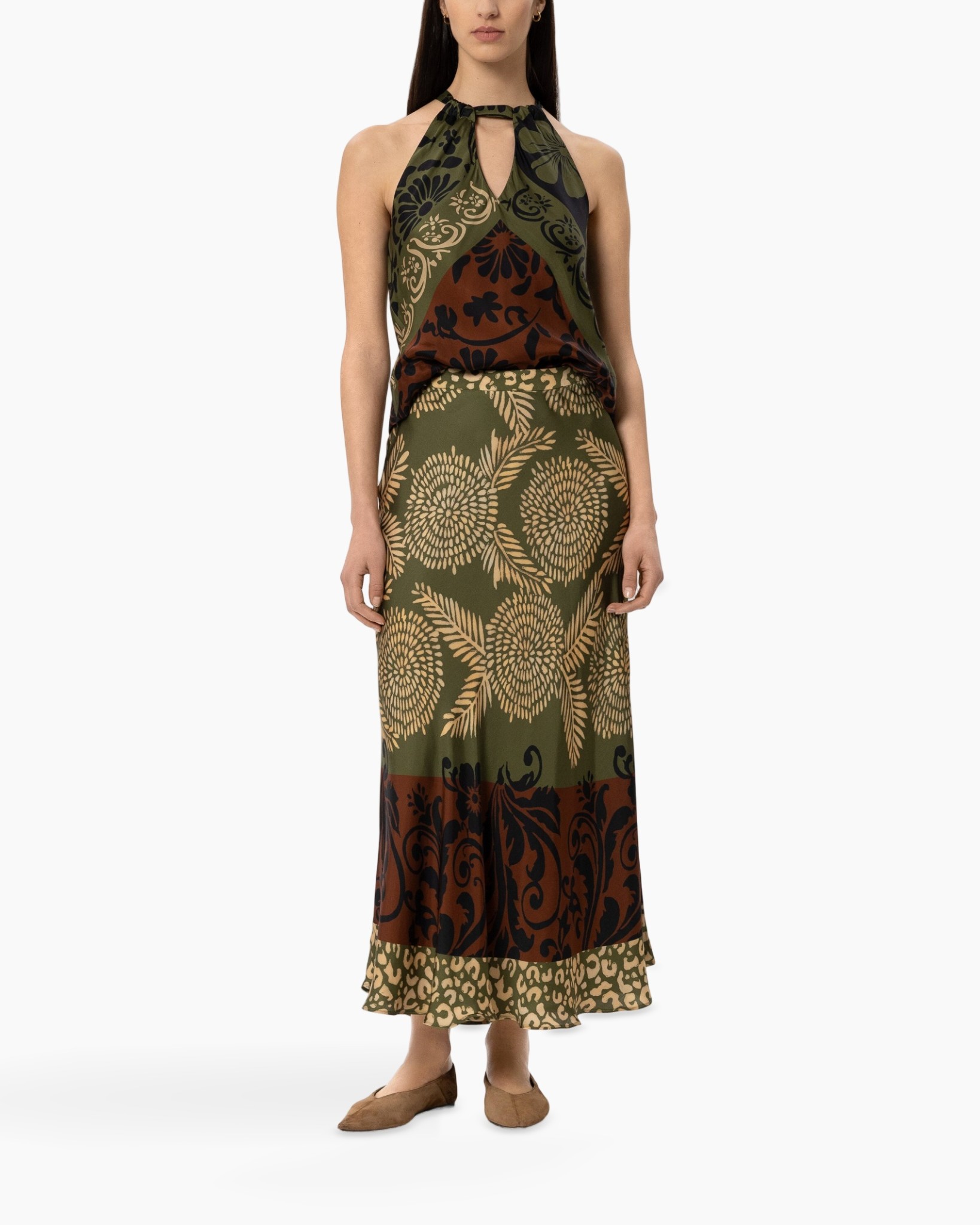avond jurk, halternek, gevormde jurk, Patterned jurk, olie groene