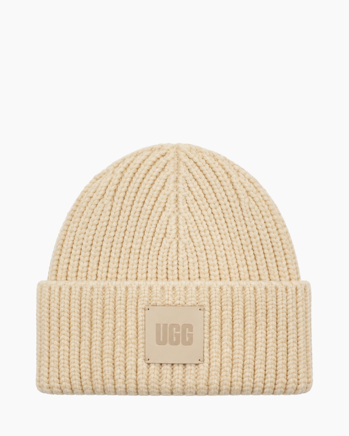 gebreide muts, crèmekleurig, ribbreisel, omgeslagen boord, logopatch