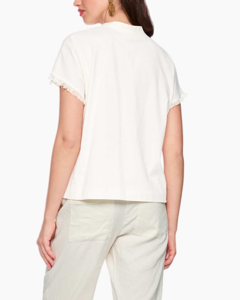 wit overhemd, linnen, korte mouw, V-hals, franje zoom