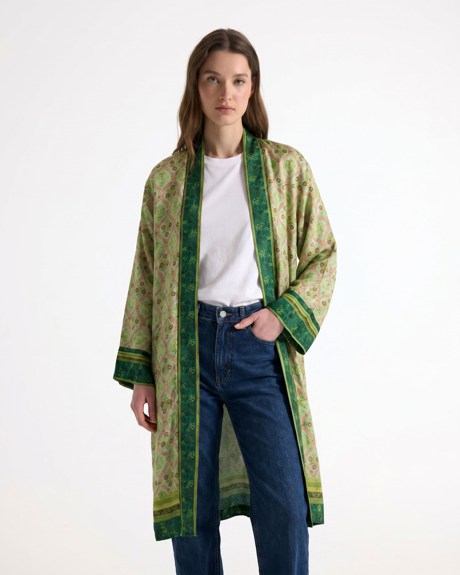 kimono, groen, patroon, lang, rok