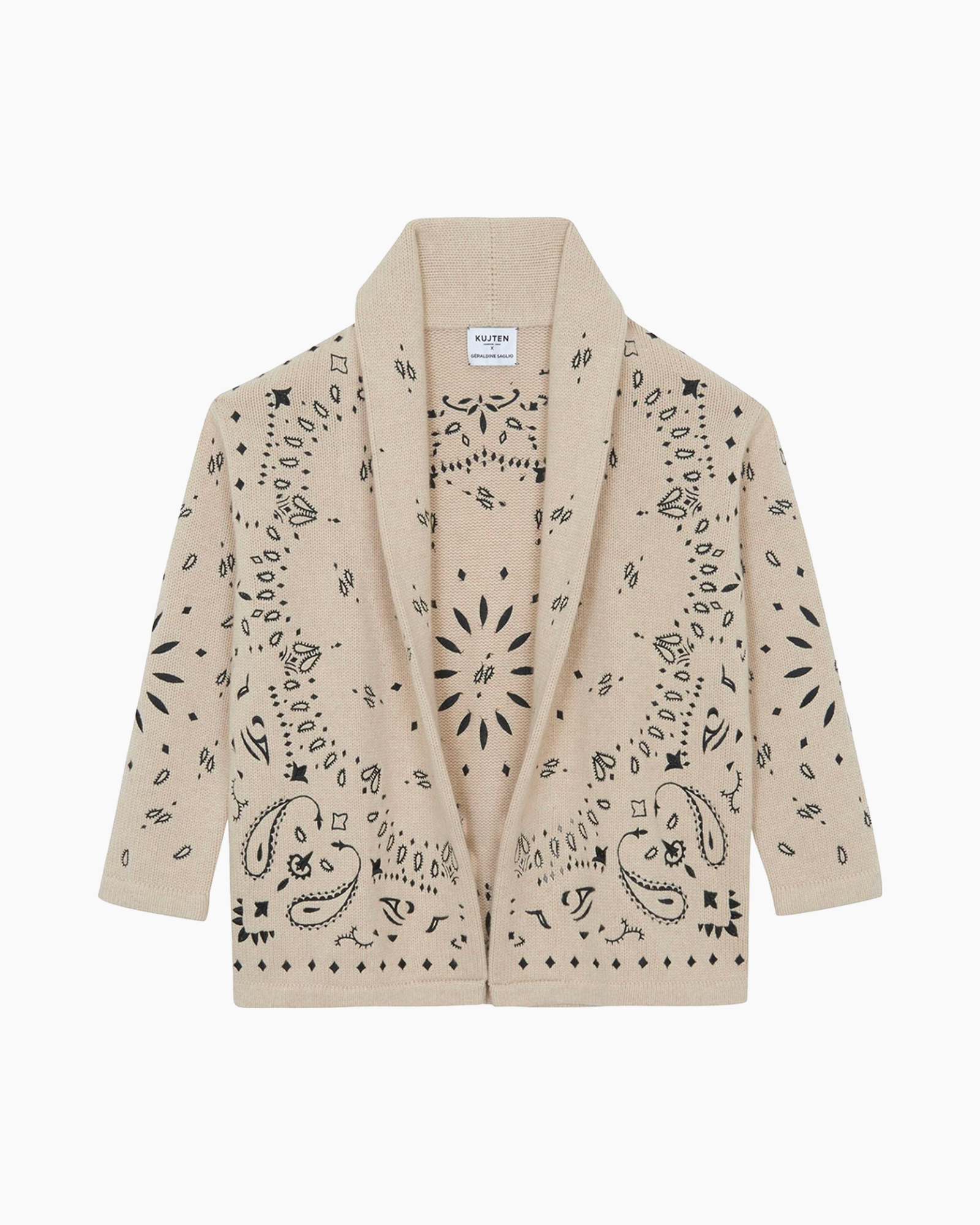 cardigan, breipstijl?, beige, bandana patroon, open voorzijde