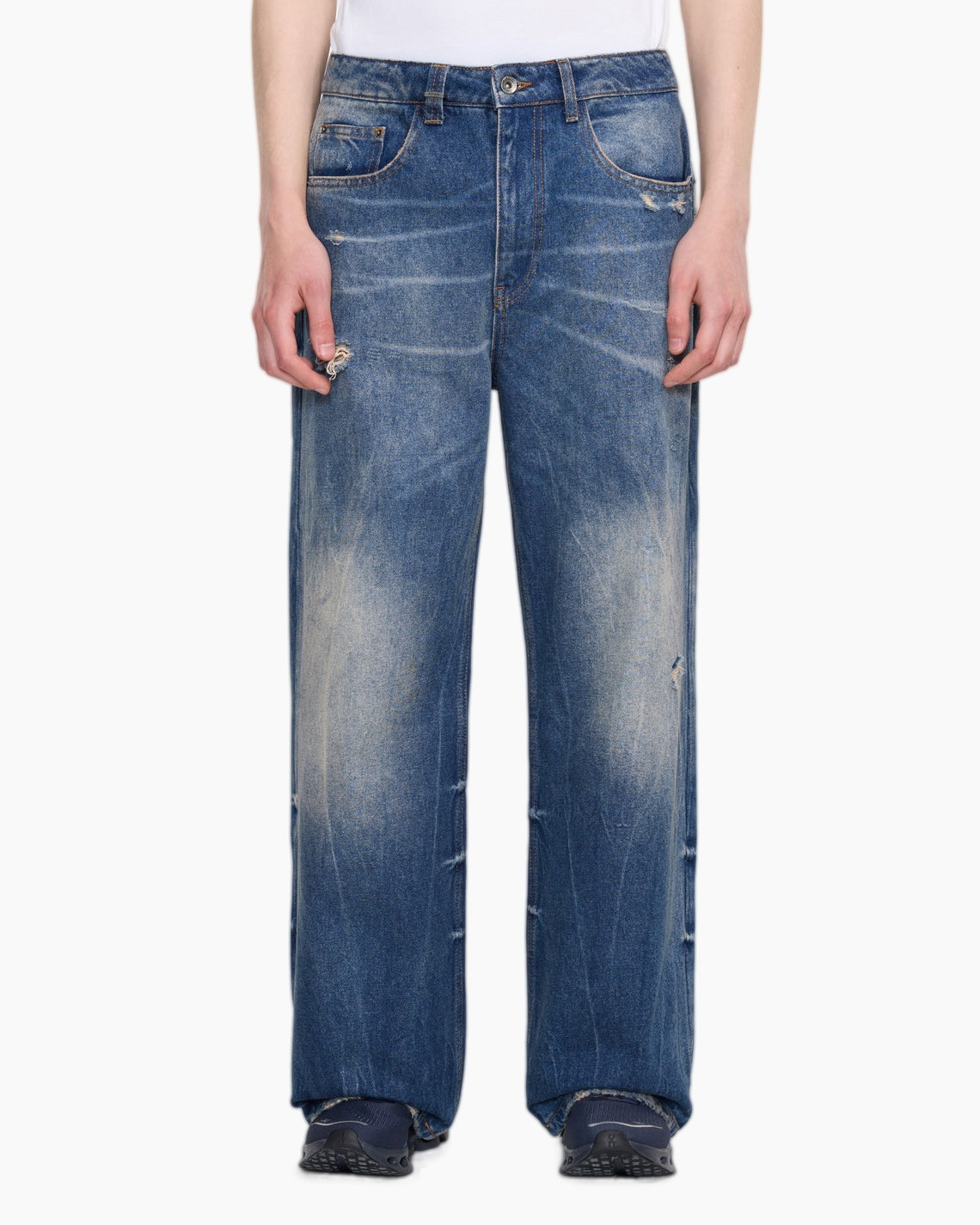 jeans, distressed, wide leg, blue denim, pants