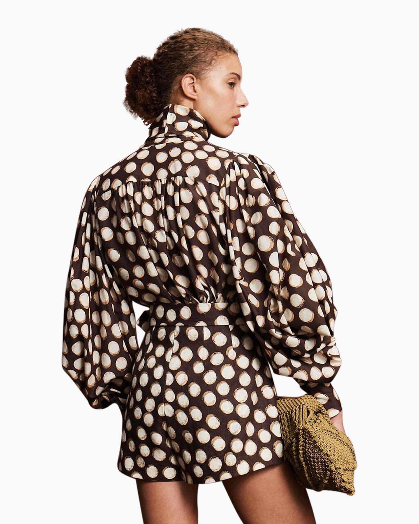 romper, polkadot, puff-sleeve, hoge hals, korte lengte