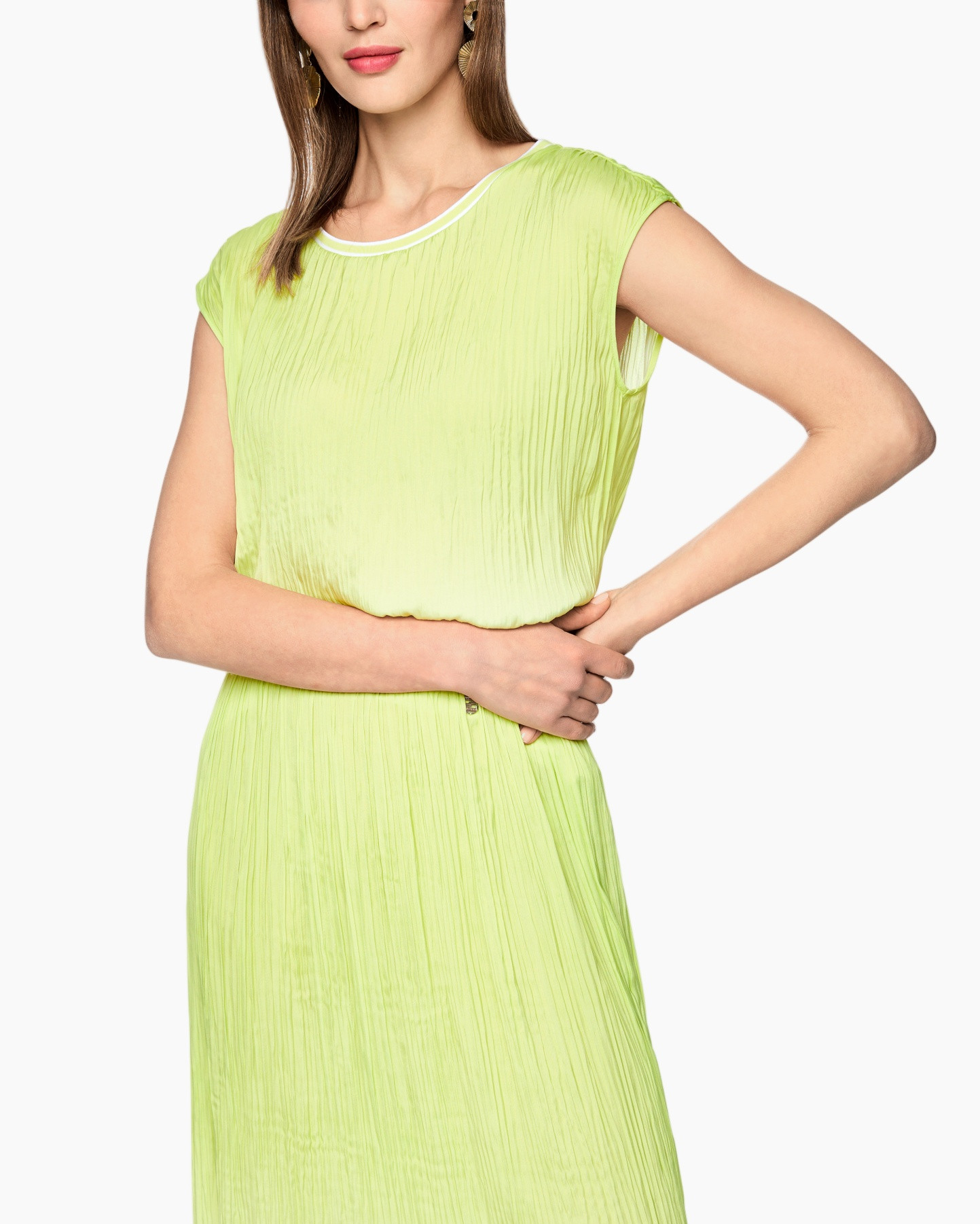 jurk, groen, plissé, midi, mouwloos