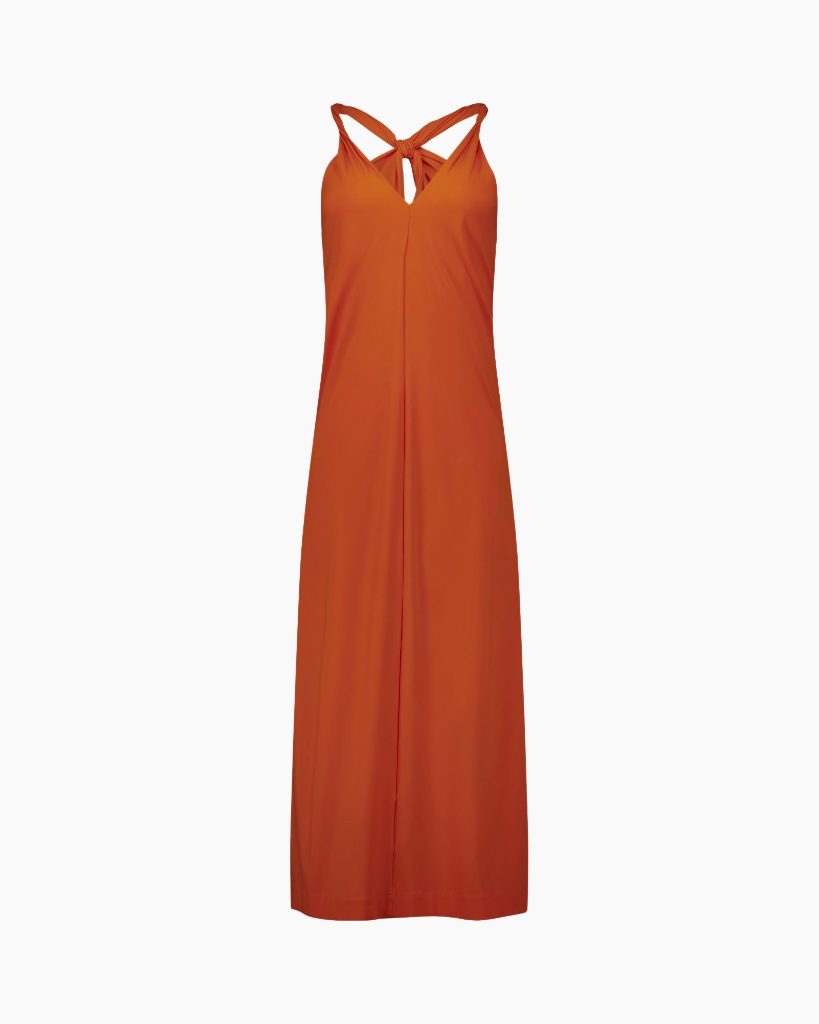 jurk, maxi, oranje, mouwloos, knoop? achterkant