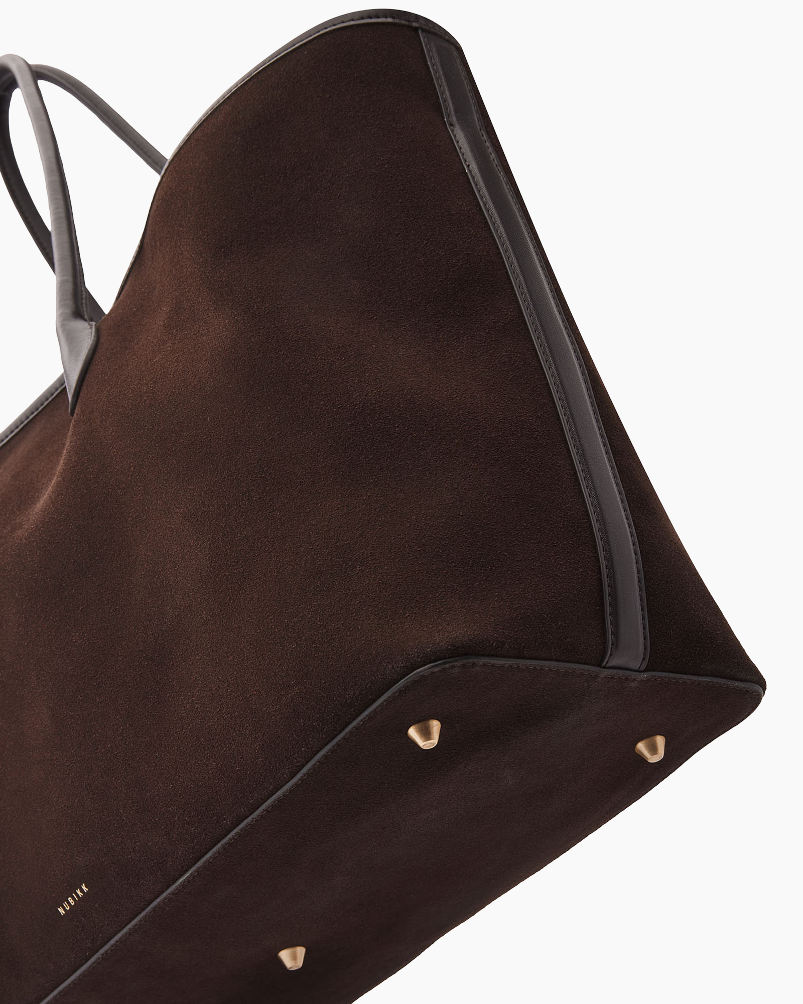 handtas, bruin suède, tote, gouden studs, designer uitstraling