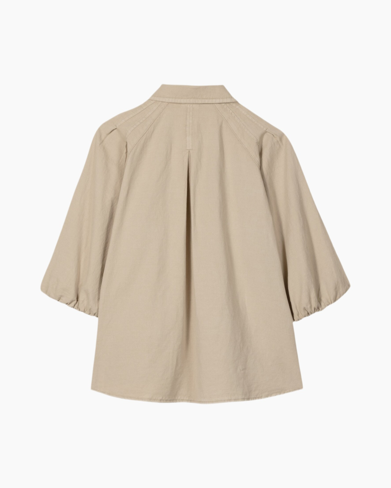 beige, blouse, peaplume, korte mouwen, plooit