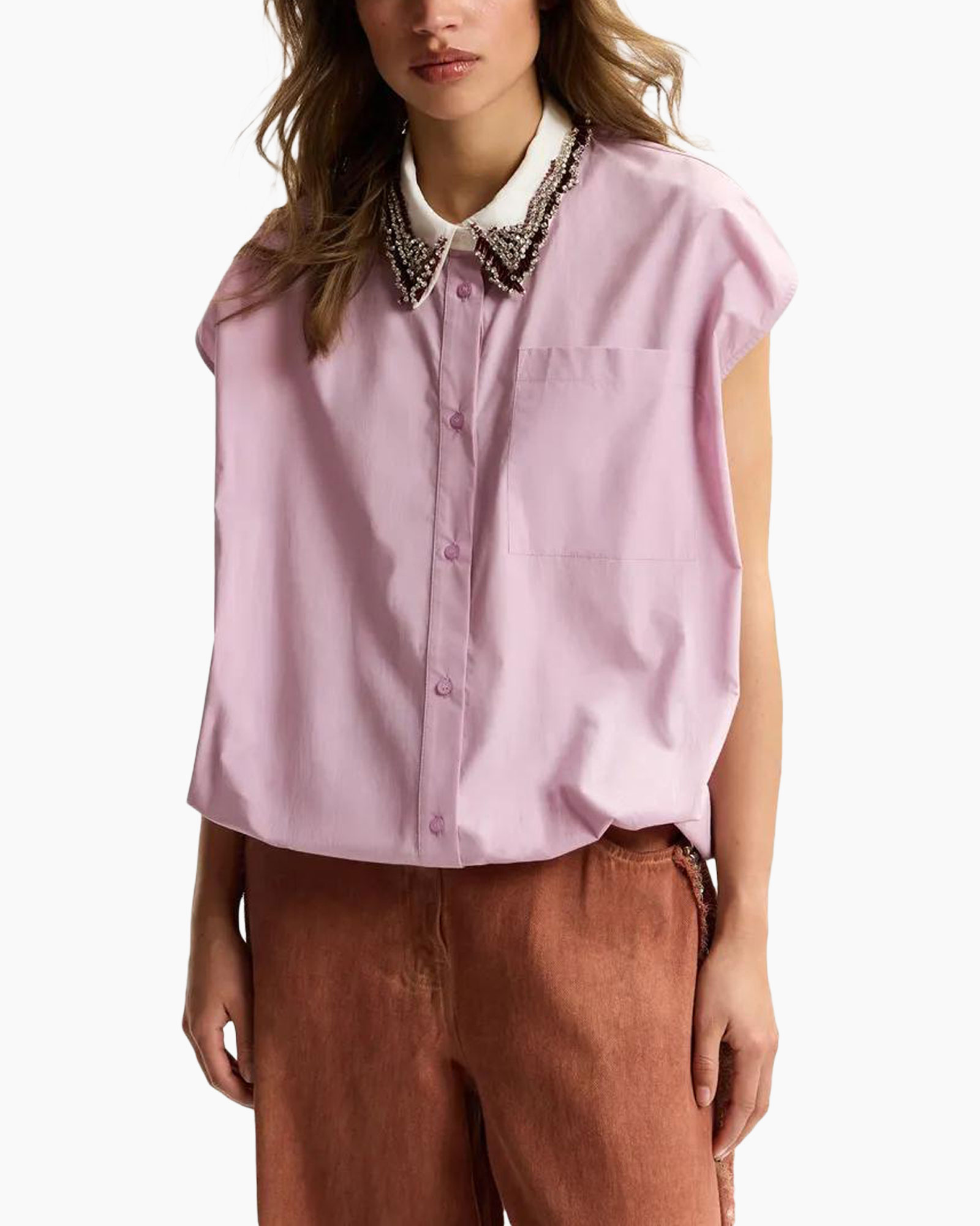blouse, roze, kraag, korte mouwen, zak