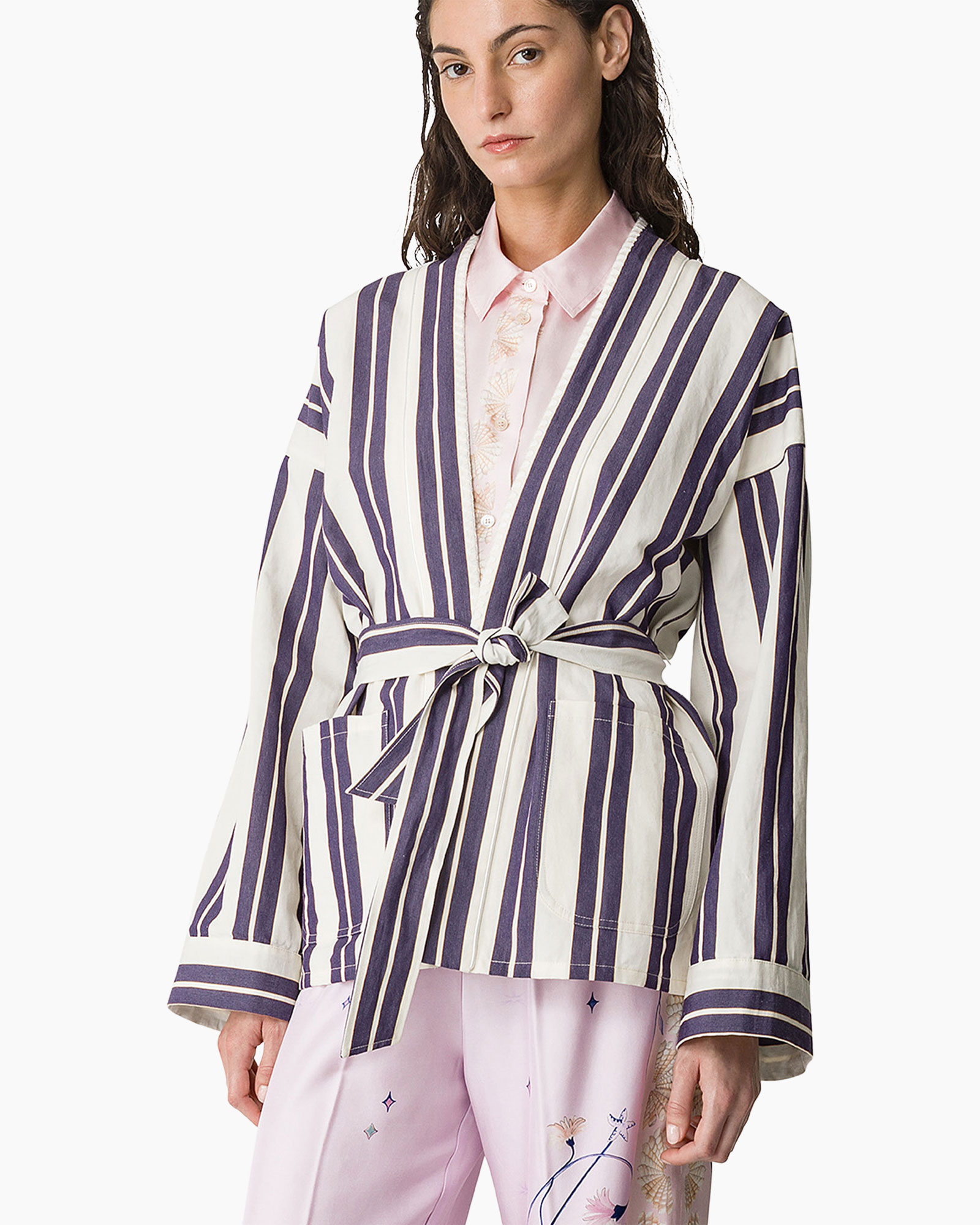 kimono, gestreept, touwomvang, lange mouwen, open cardigan