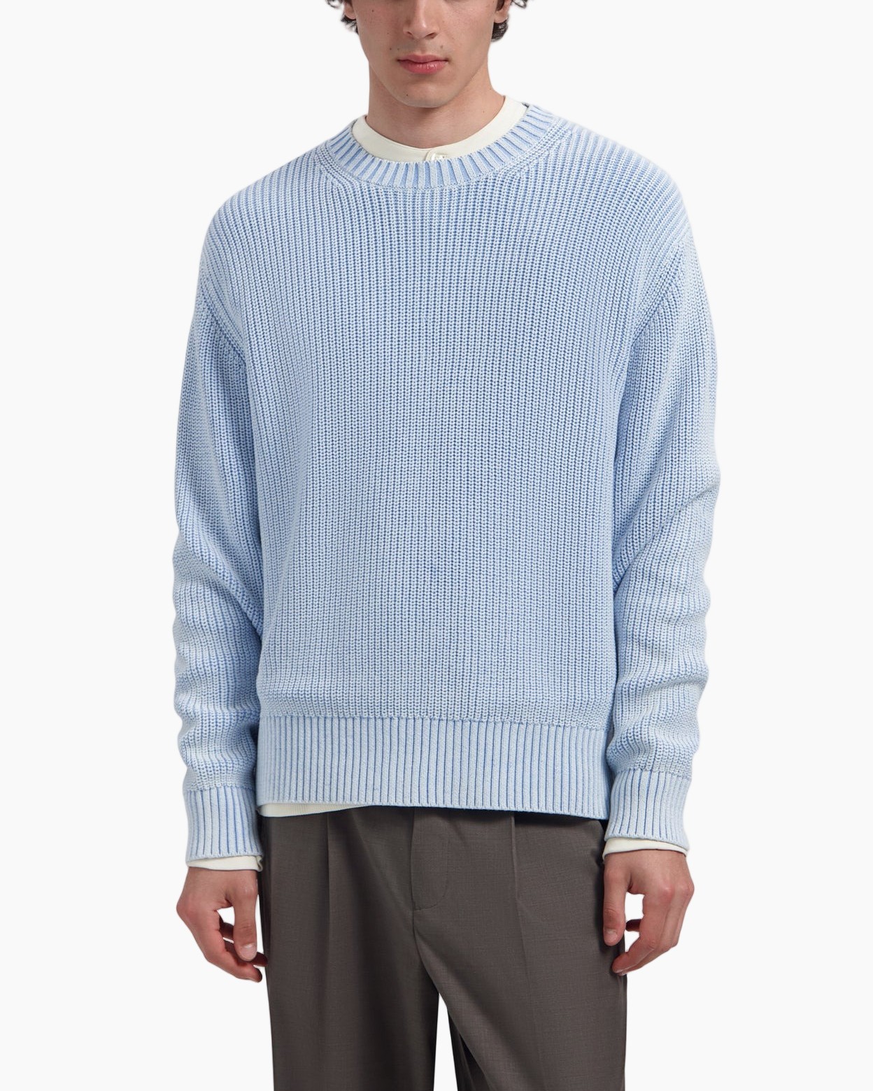 blauwe brei, coltrui, trui, raglan mouw, dikke brei