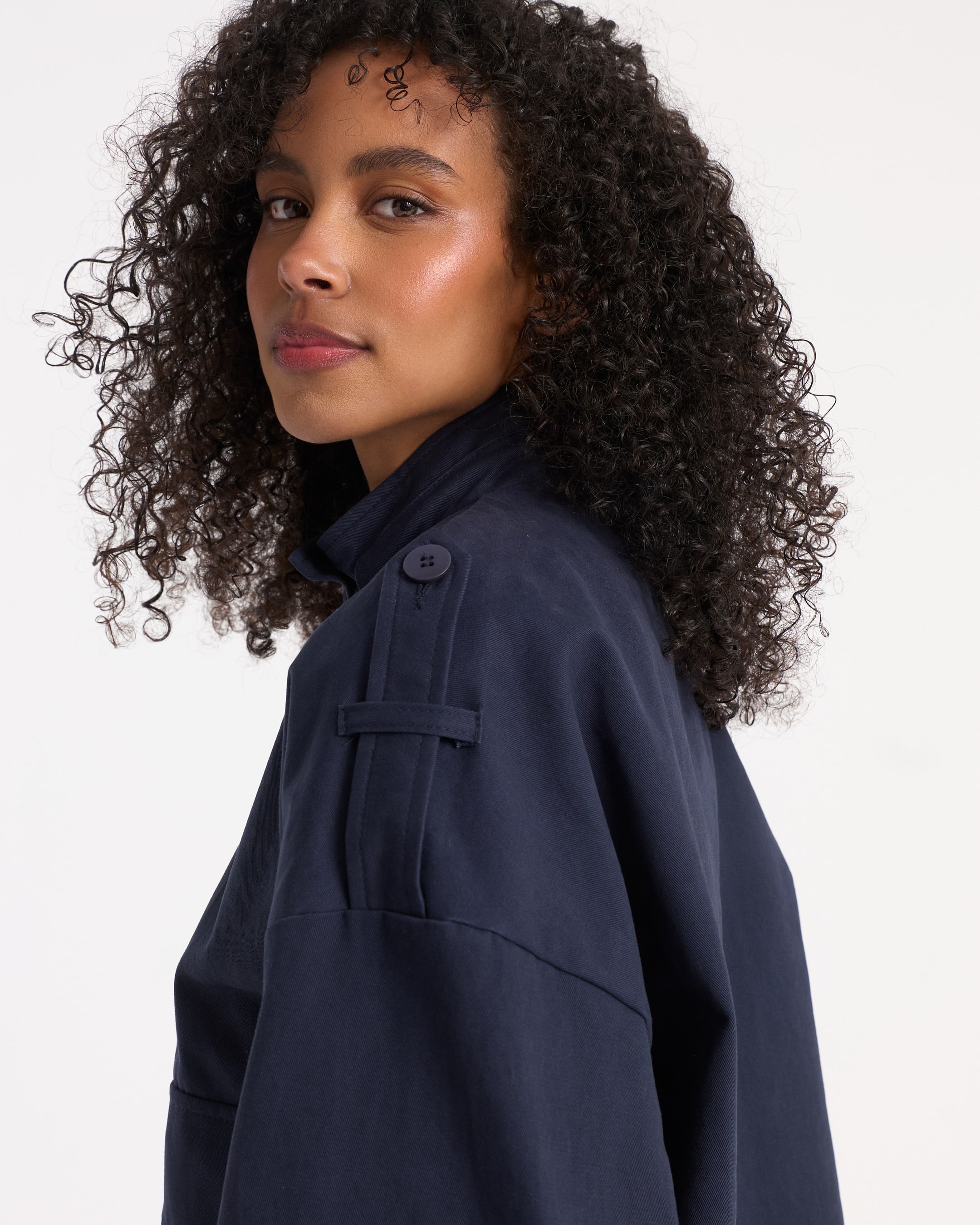 navy jacket, buttoned shoulder detail, epaulet, oversized fit, cotton blend
