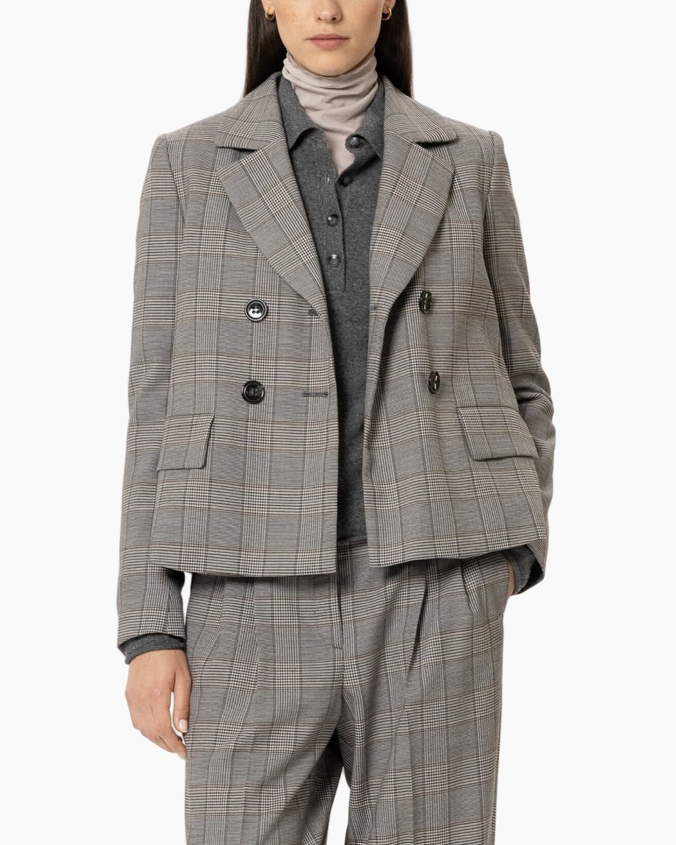 blazer, ruitenge plaid?,  dubbele rij, grijs, broekpak set
