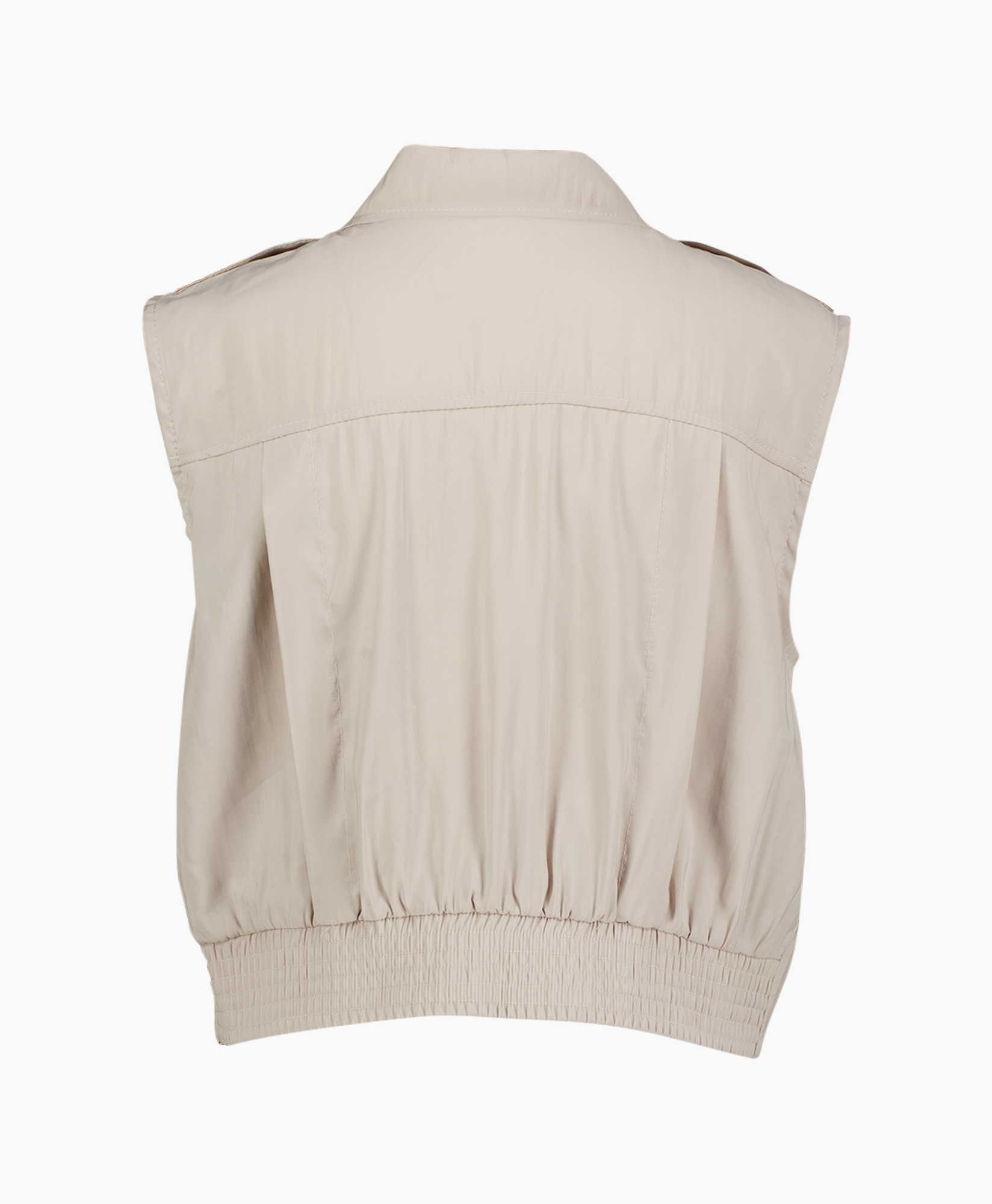 knopsluiting, mouwloos, beige, kraag, blouse