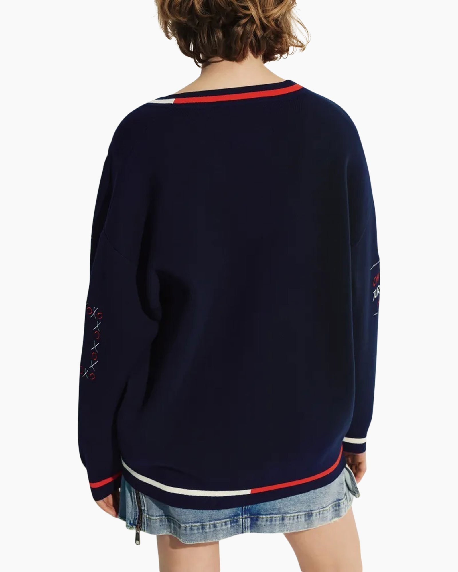 cardigan, navy, graphic, scarf, embroidery