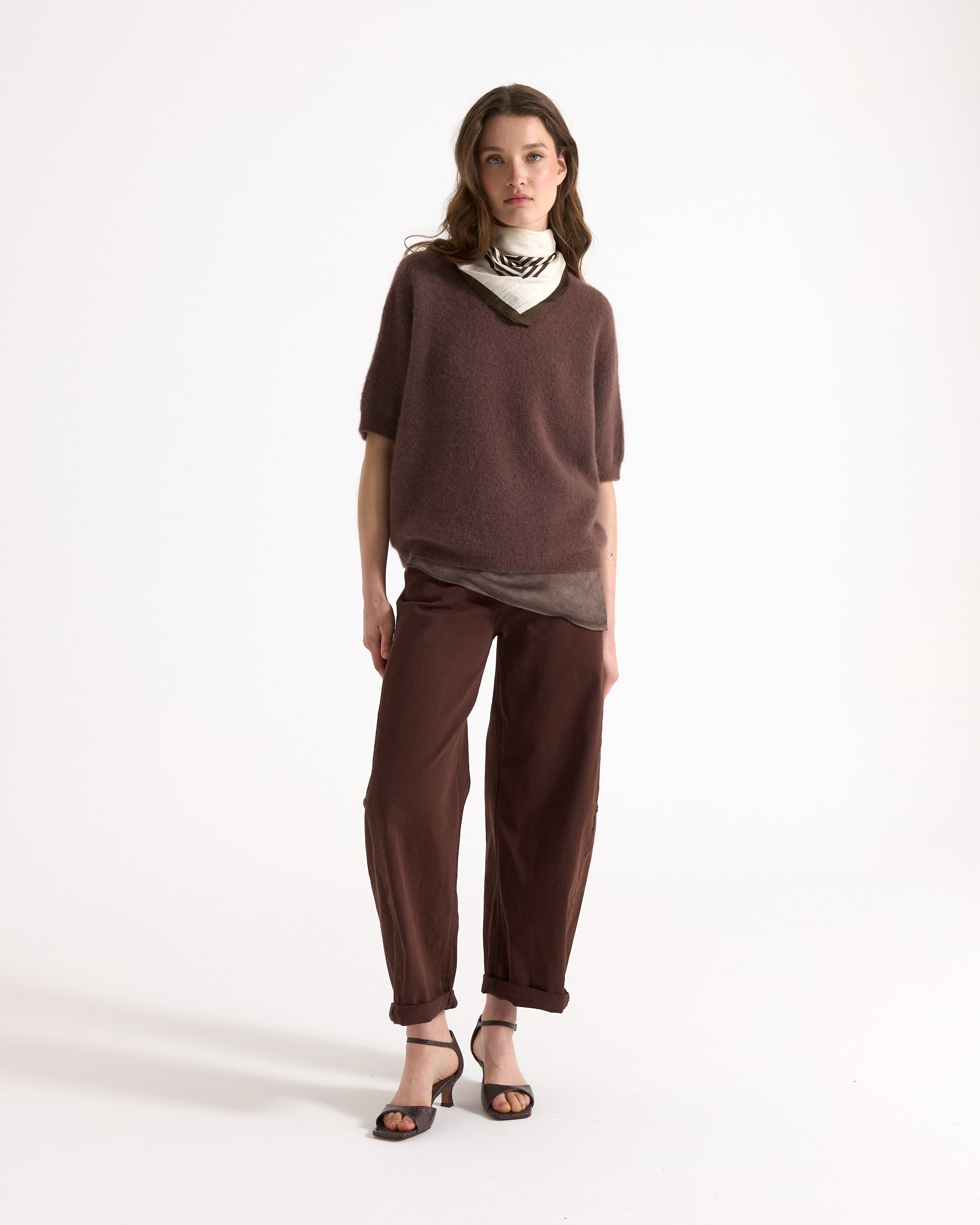 knit sweater, short sleeves, brown, loose fit, women's top, knit sweater, short sleeves, brown, fuzzy, pullover