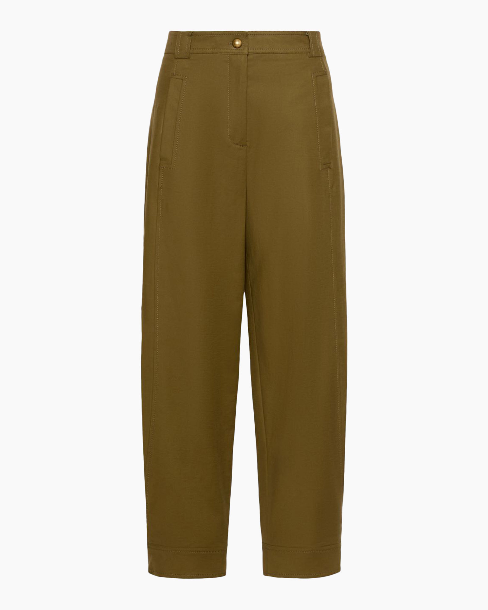 broek, olijfgroen, twill, hoge taille, losse pasvorm