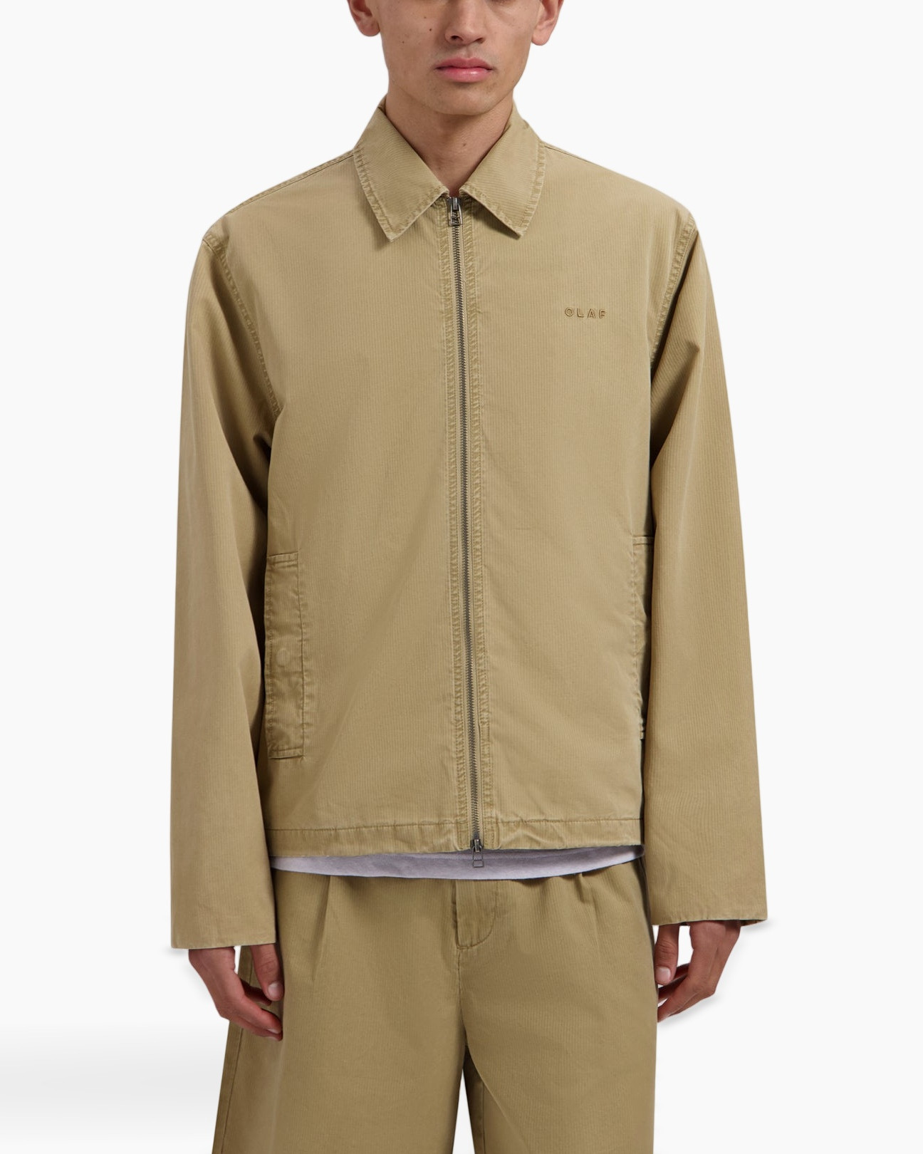 jacket, zipper, beige, long sleeves, casual coat