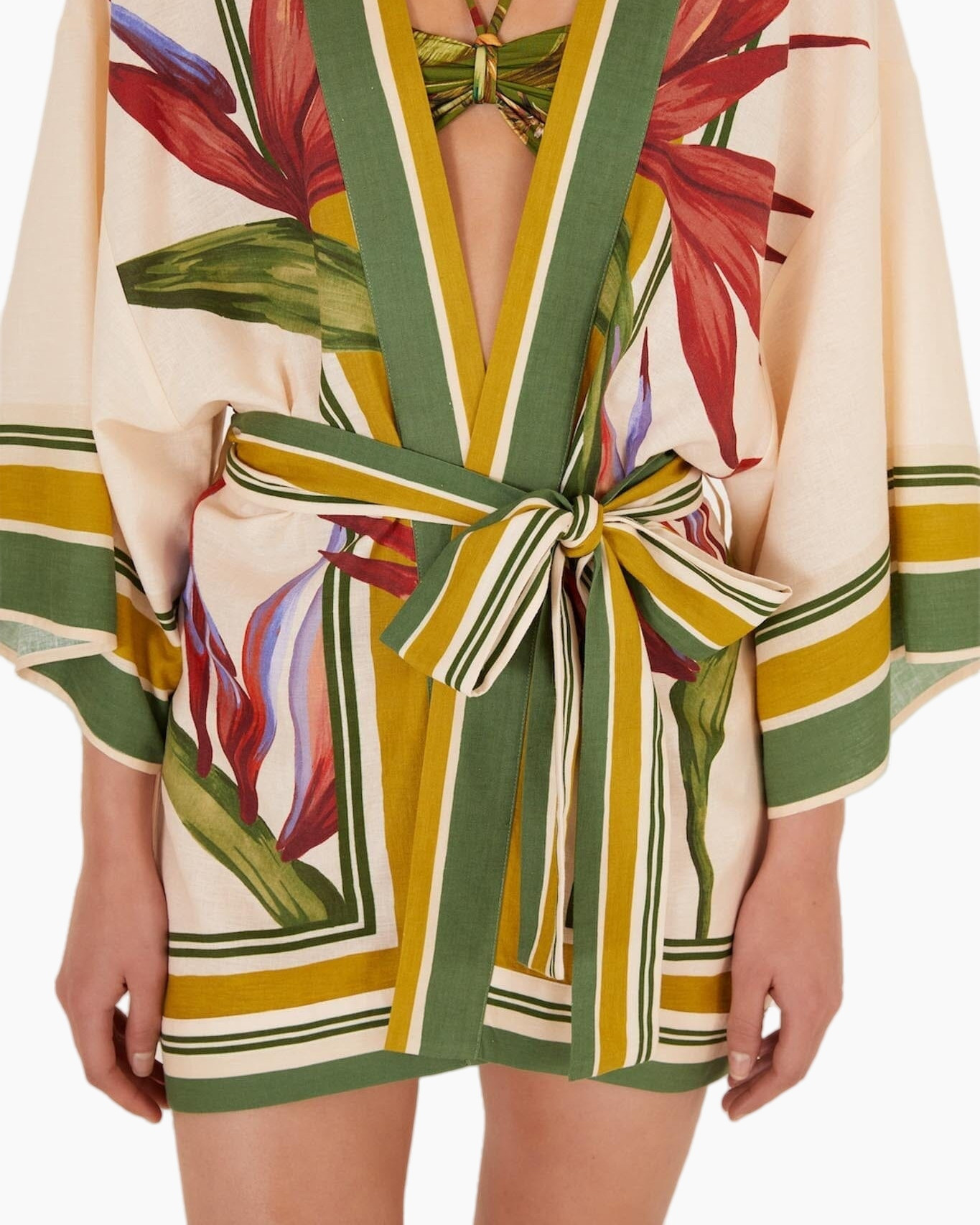 waskleding, kimono, kimono jurk, getailleerde band, bloemenpatroon