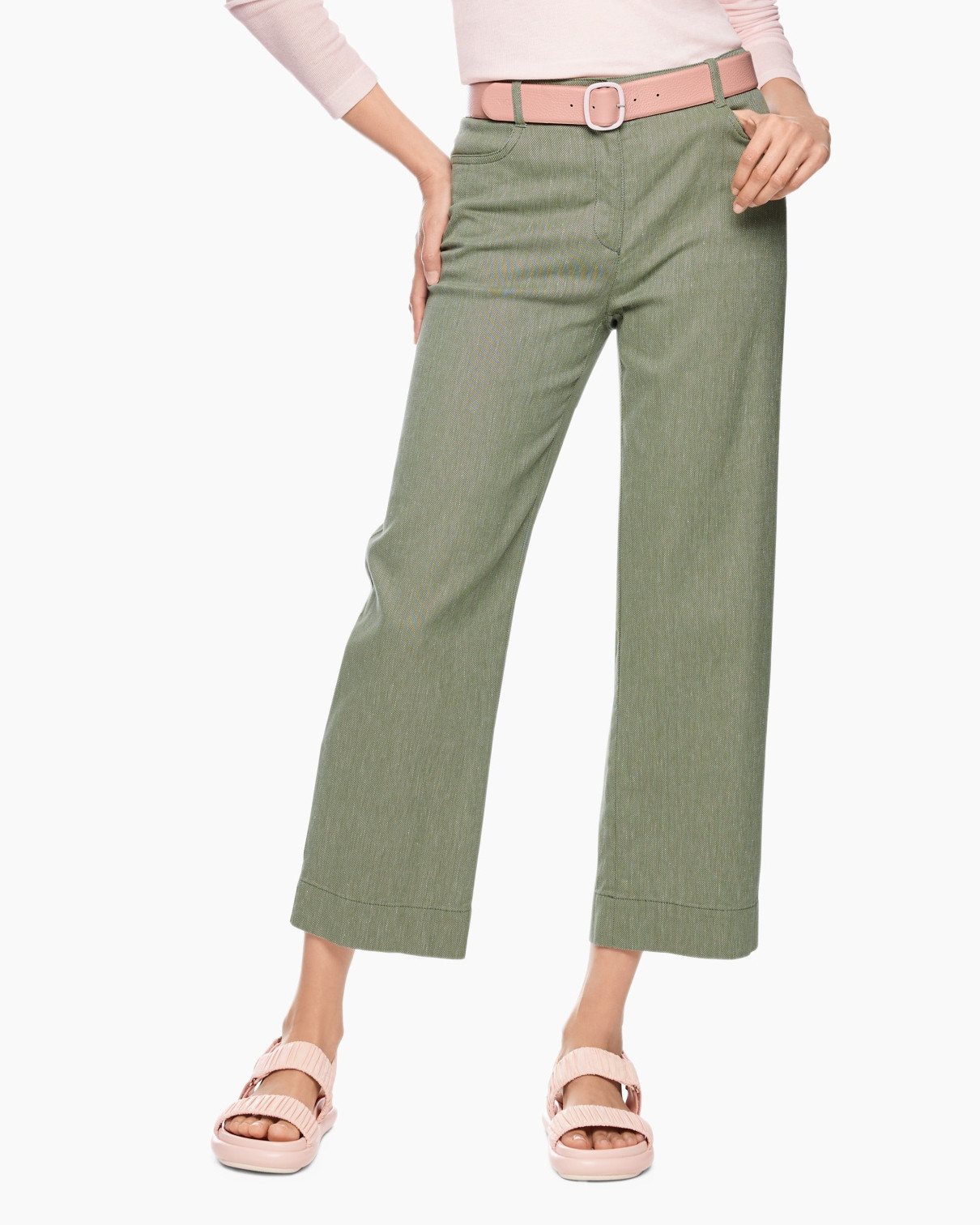 pants, wide-leg, linen blend, olive green, pink belt