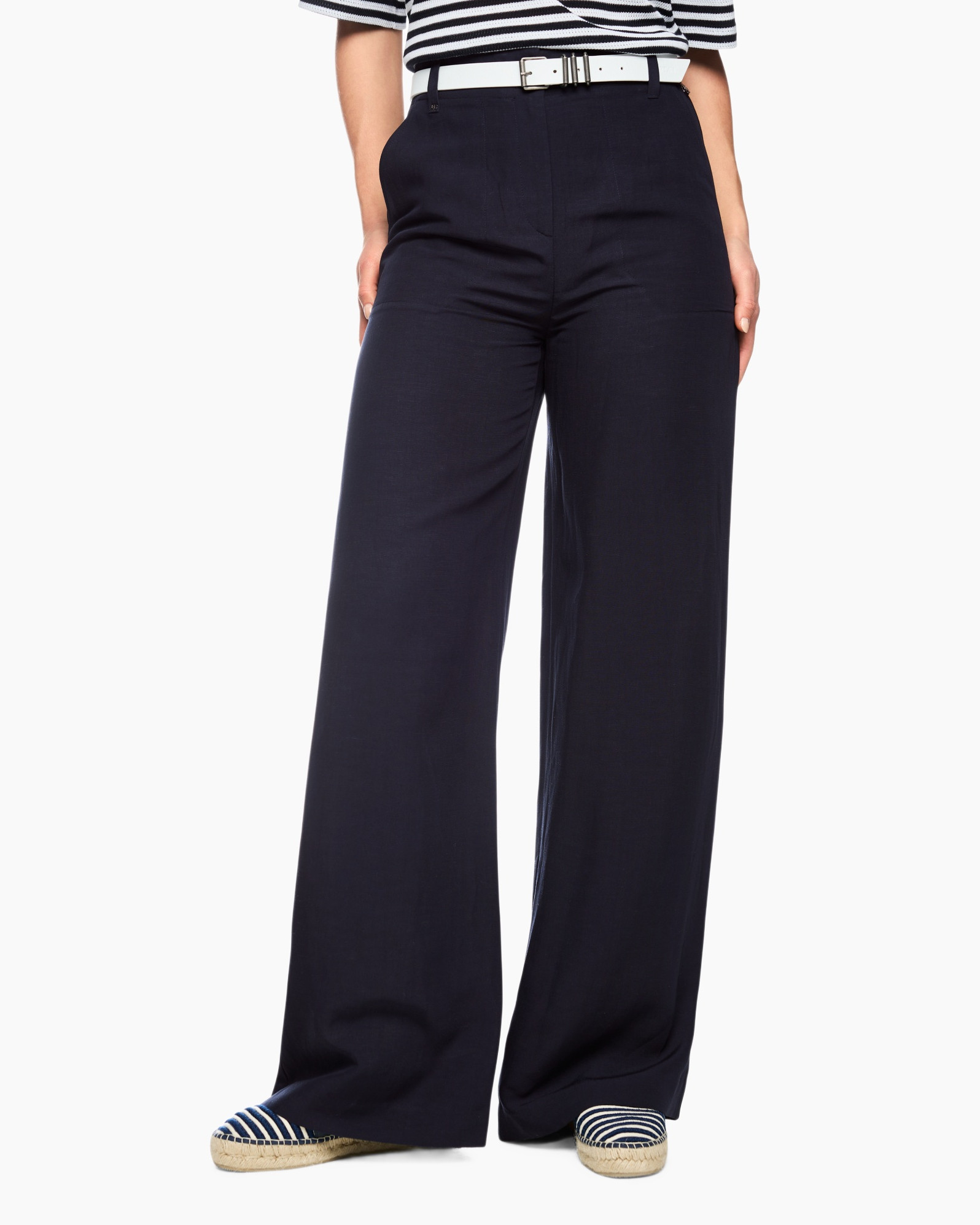 pants, wide-leg, navy, trouser, belted