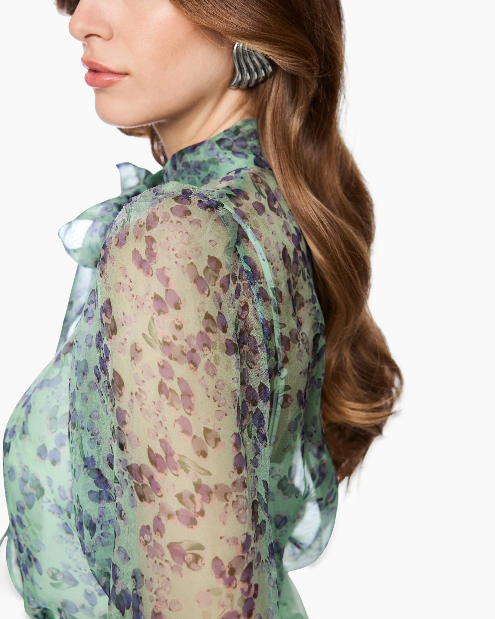 blouse, doorzichtig, bloemig, lange mouw, striksluiting