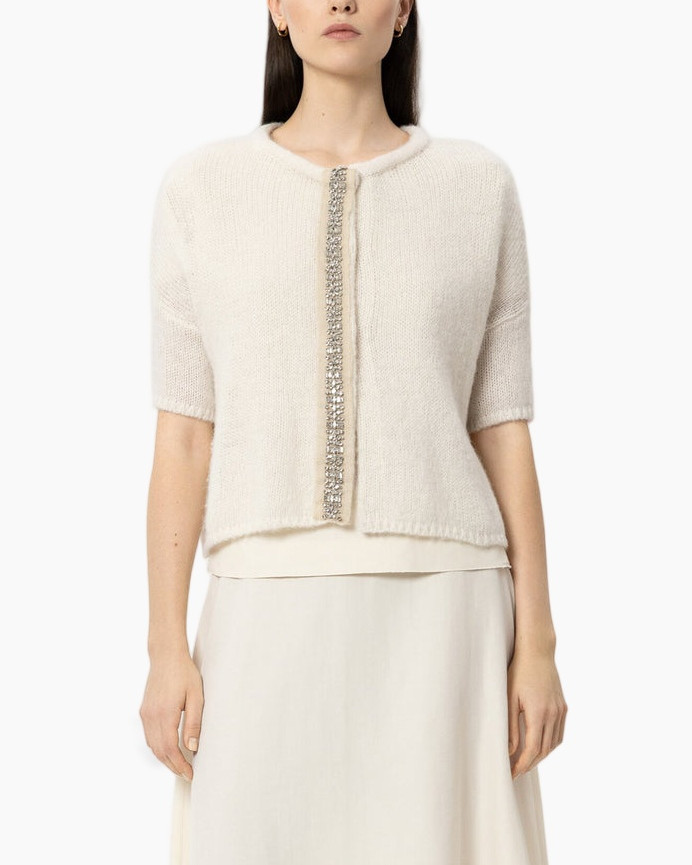 gebreide cardigan, korte mouwen, kralen rand, romige wit, gelaagde look