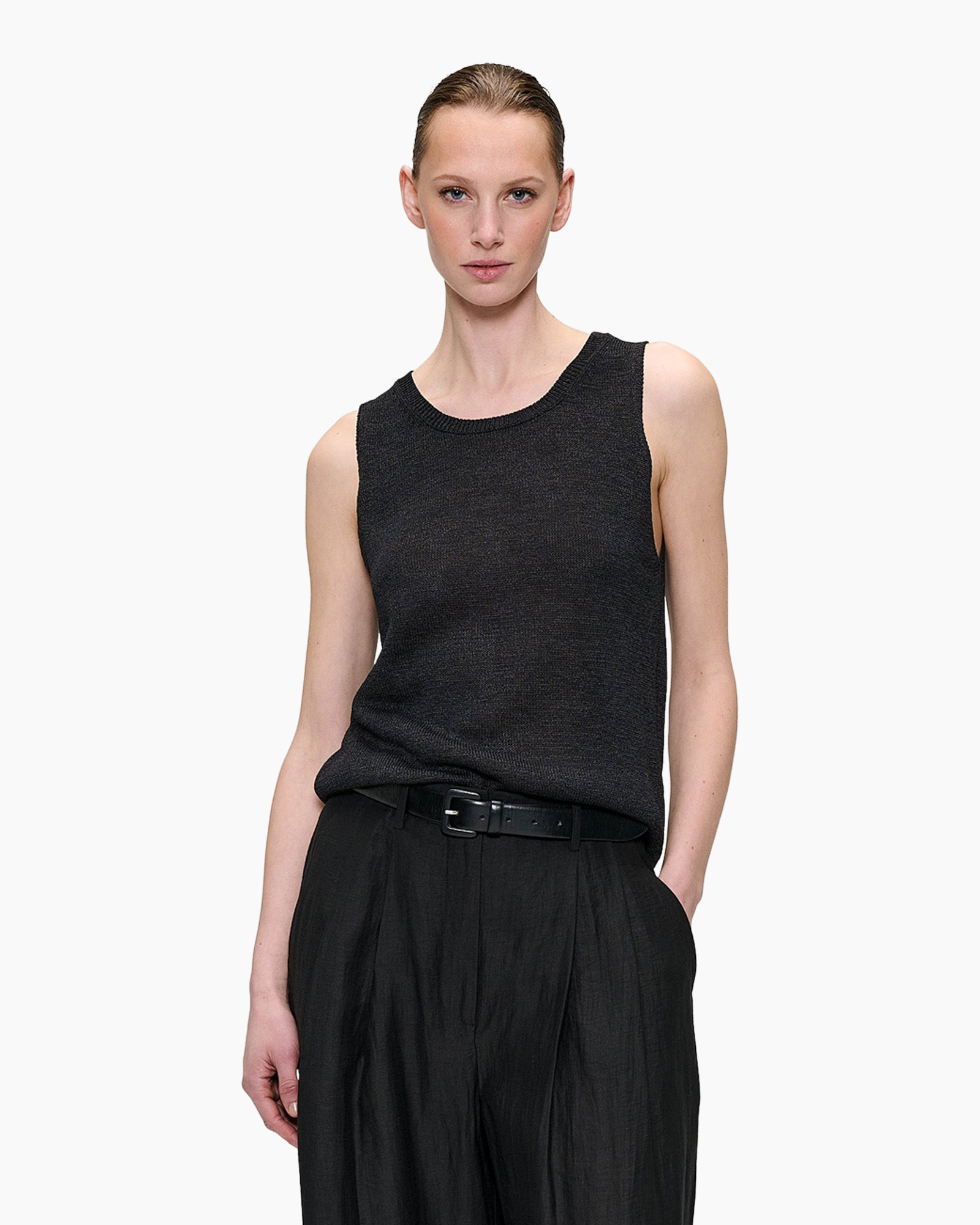 tank top, sleeveless, black, knit, belted trousers